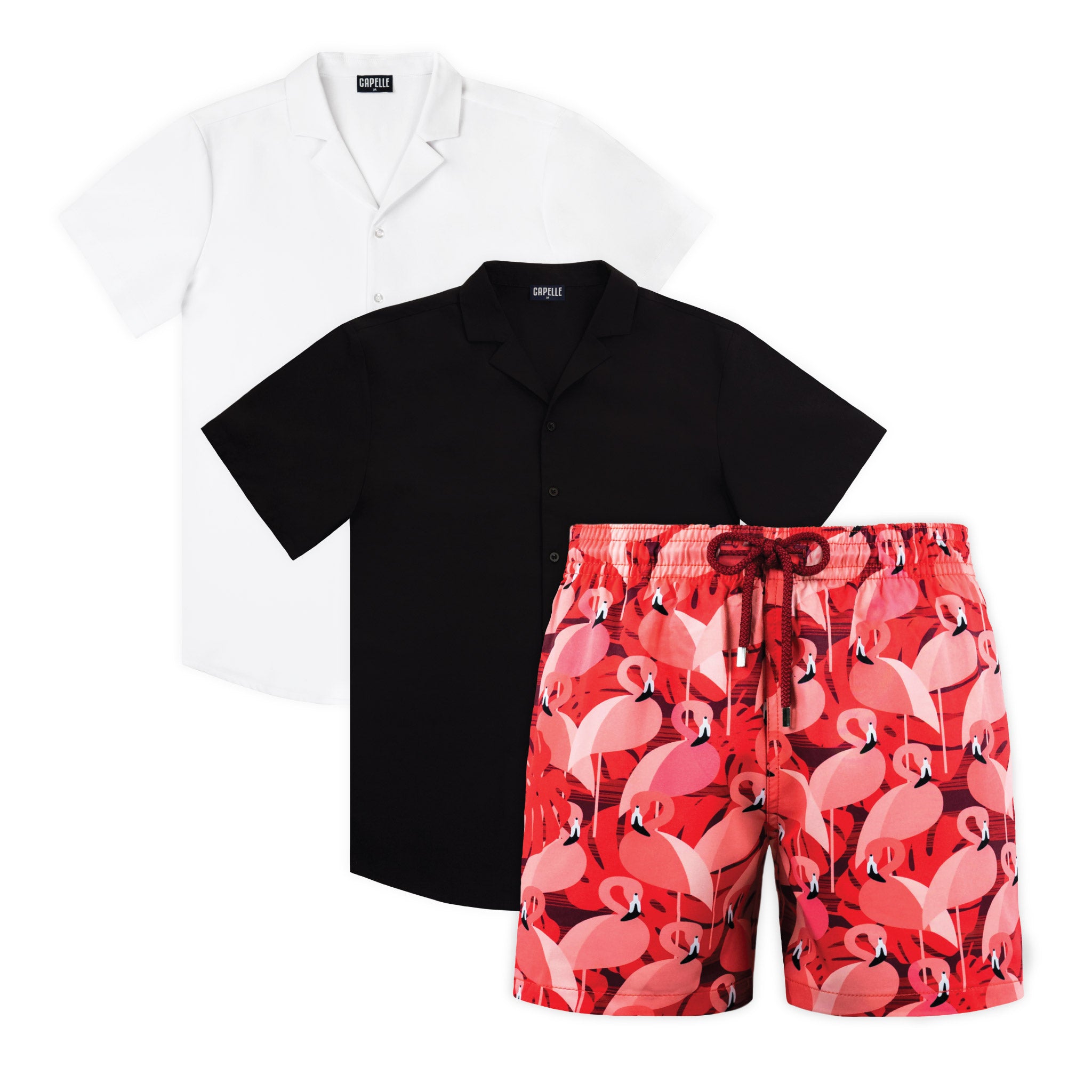 Flamingo Tide resort set, Arctic White and Black Onyx shirts with Pink Flamingo hybrid swim shorts