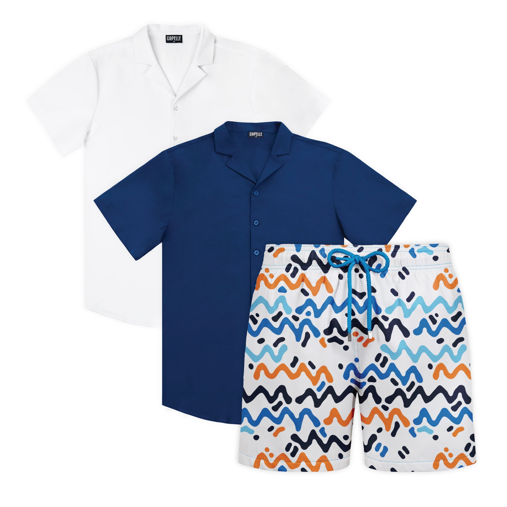 Ocean Drift resort set, Blue Sapphire shirt with Line Rush Ocean and Sol hybrid swim shorts