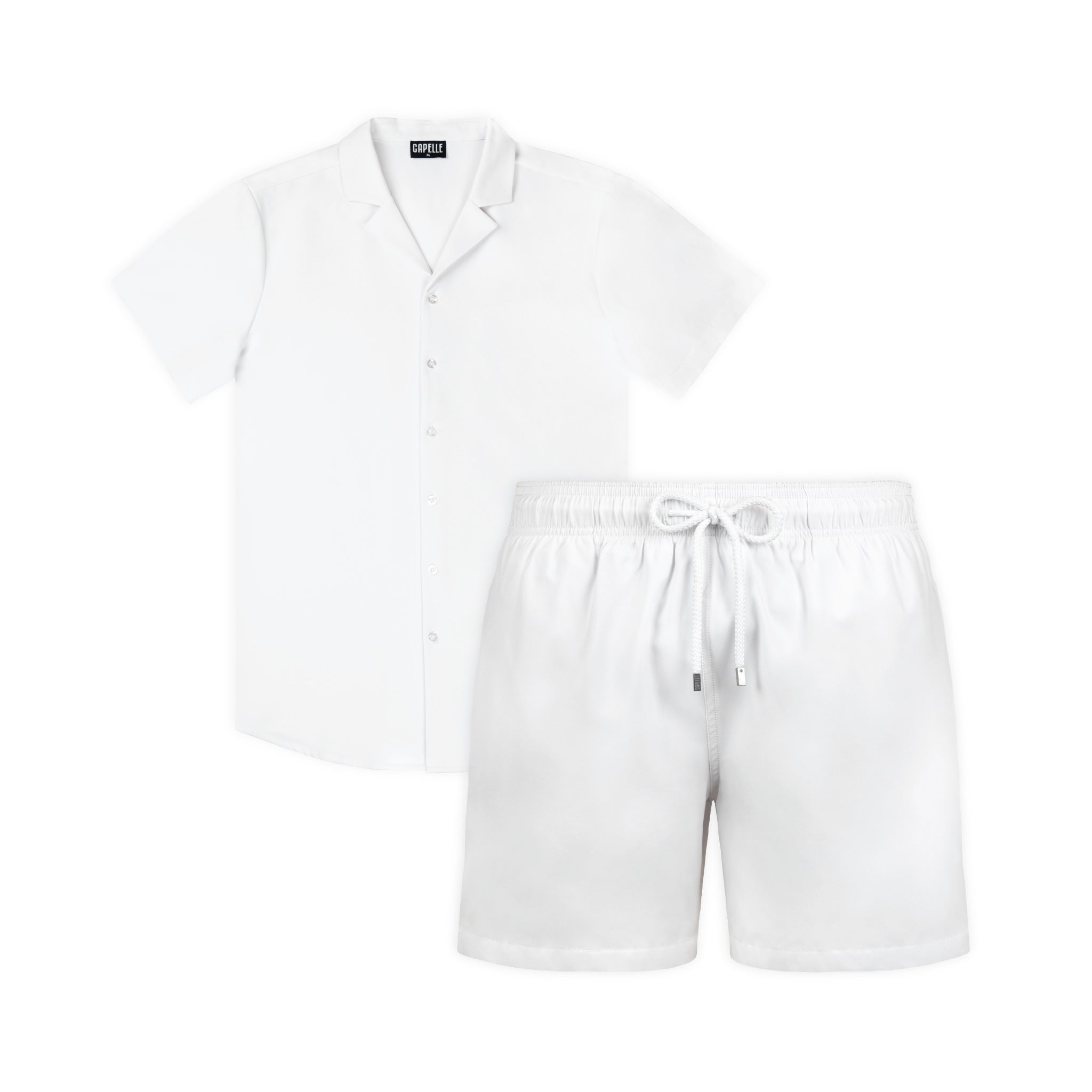 Arctic White matching resort set, white shirt and white hybrid swim short shown together