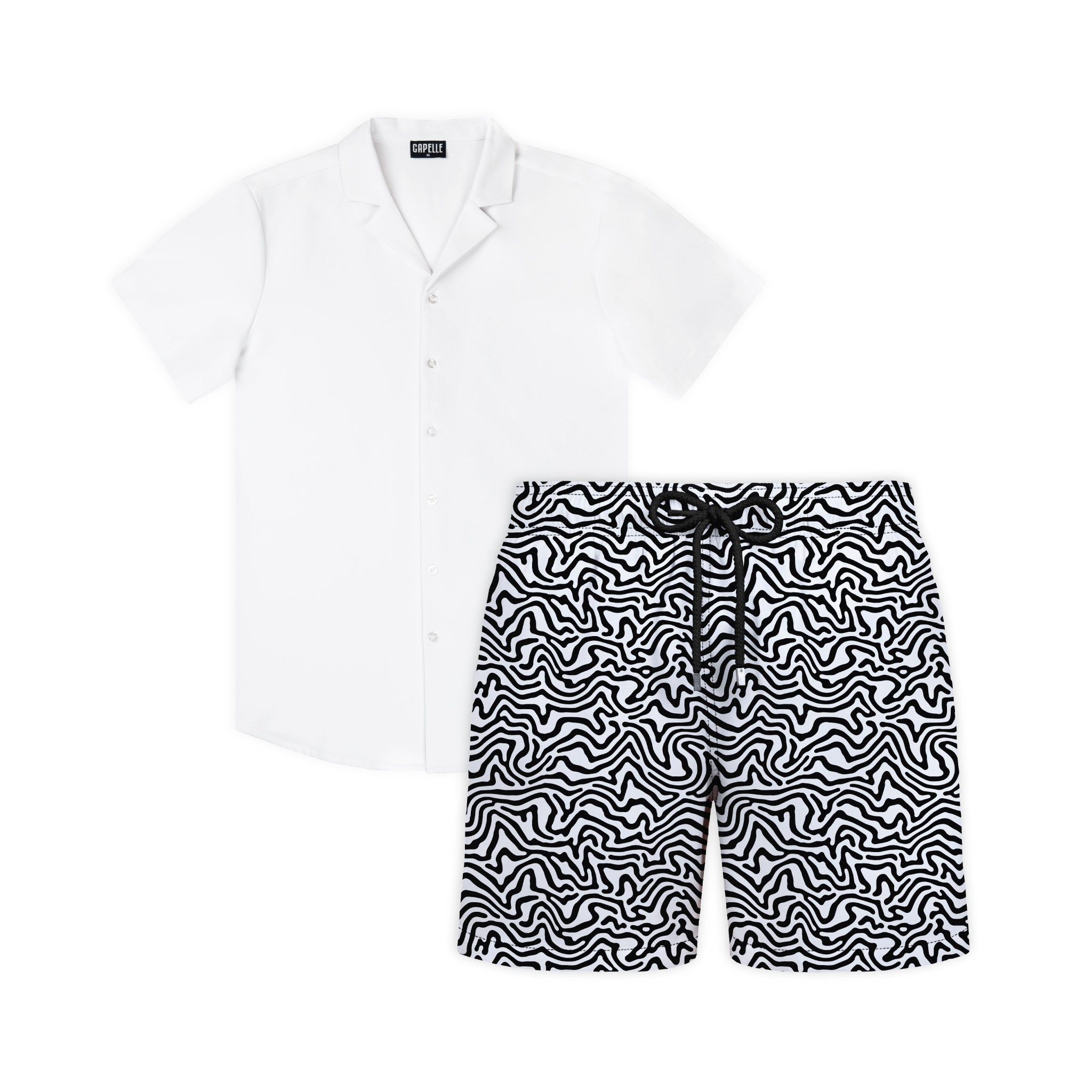 White Maze resort set, Arctic White shirt with Deco Maze Surf and Storm hybrid swim shorts