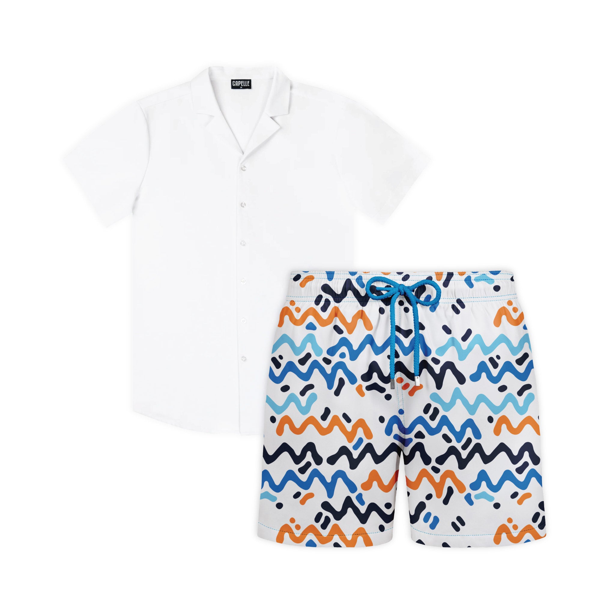 Sol Breeze resort set, Blue Sapphire shirt with Line Rush Ocean and Sol hybrid swim shorts