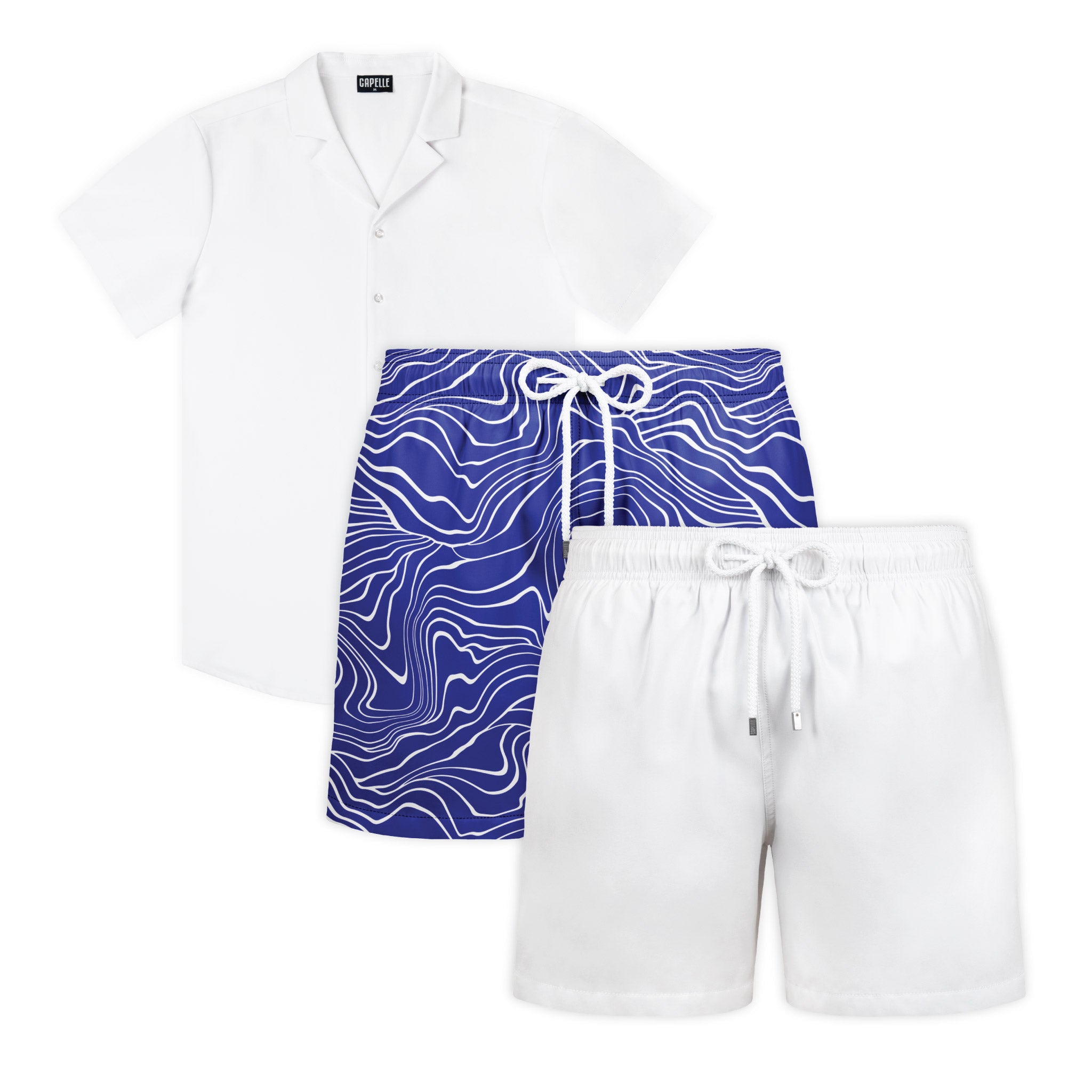 Arctic Coast resort set, Arctic White shirt with Sand Waves Harbor and Surf and Arctic White hybrid swim shorts