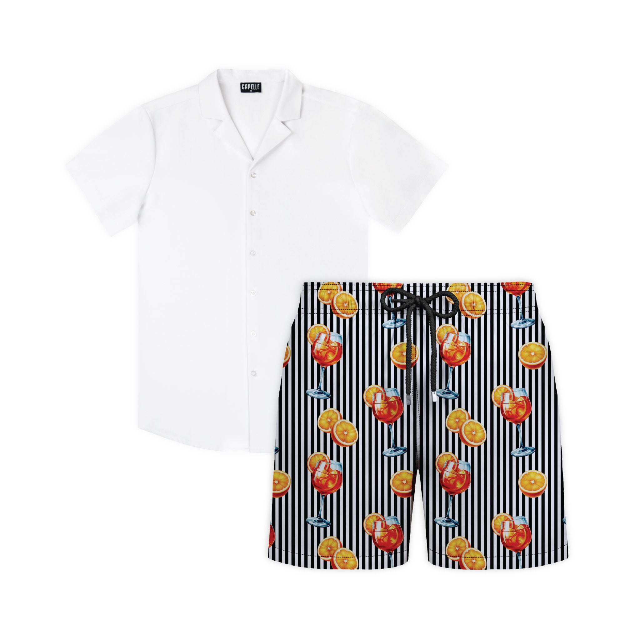 Spritz Frost resort set, Arctic White shirt with Sunset Spritz Surf and Storm hybrid swim shorts