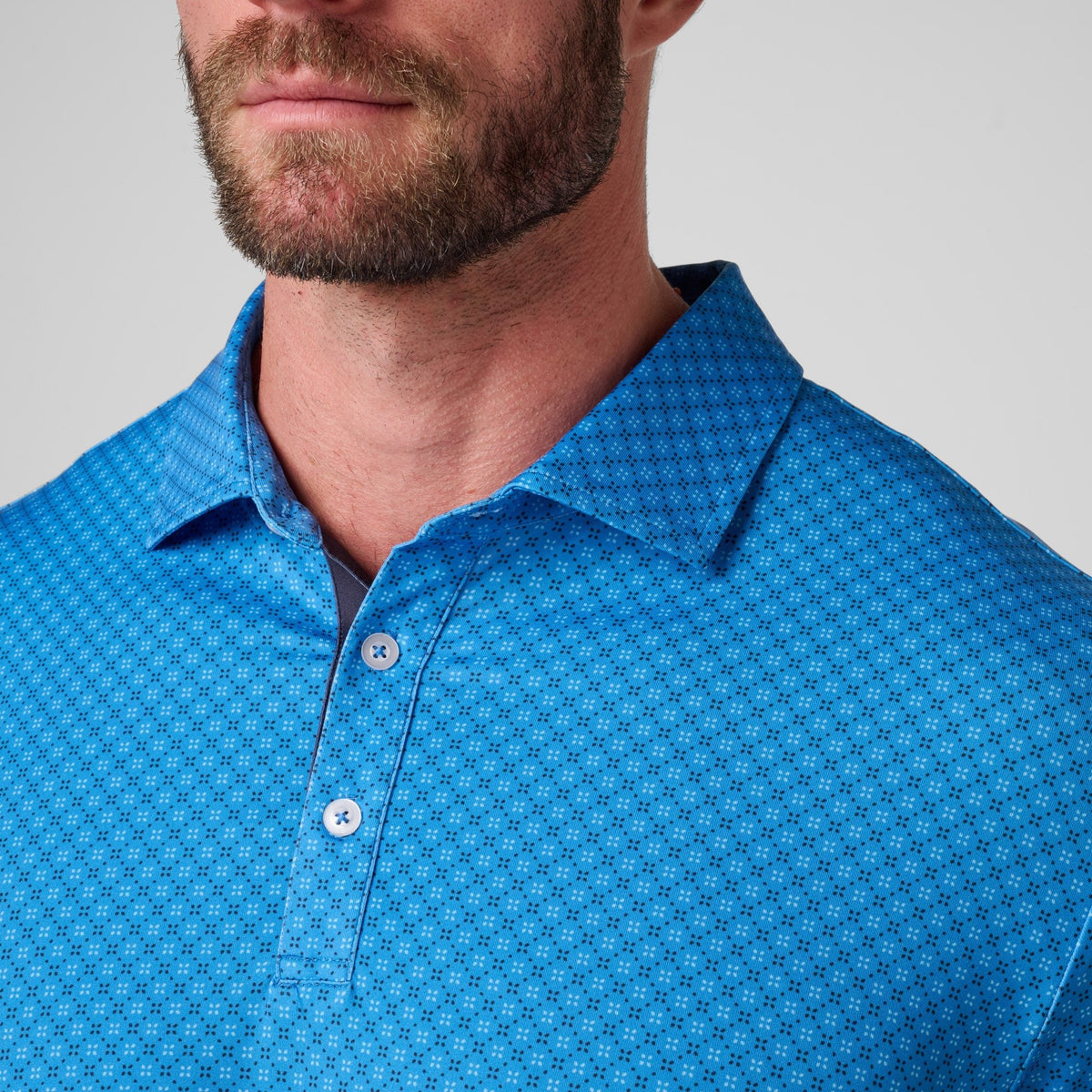 Greatness Wins Athletic Tech Printed Polo in Sonic Blue Geo, view 5