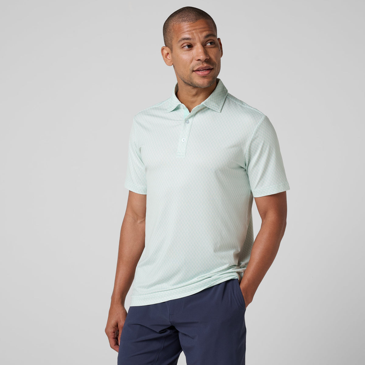 Greatness Wins Athletic Tech Printed Polo in Mint Blur, view 5