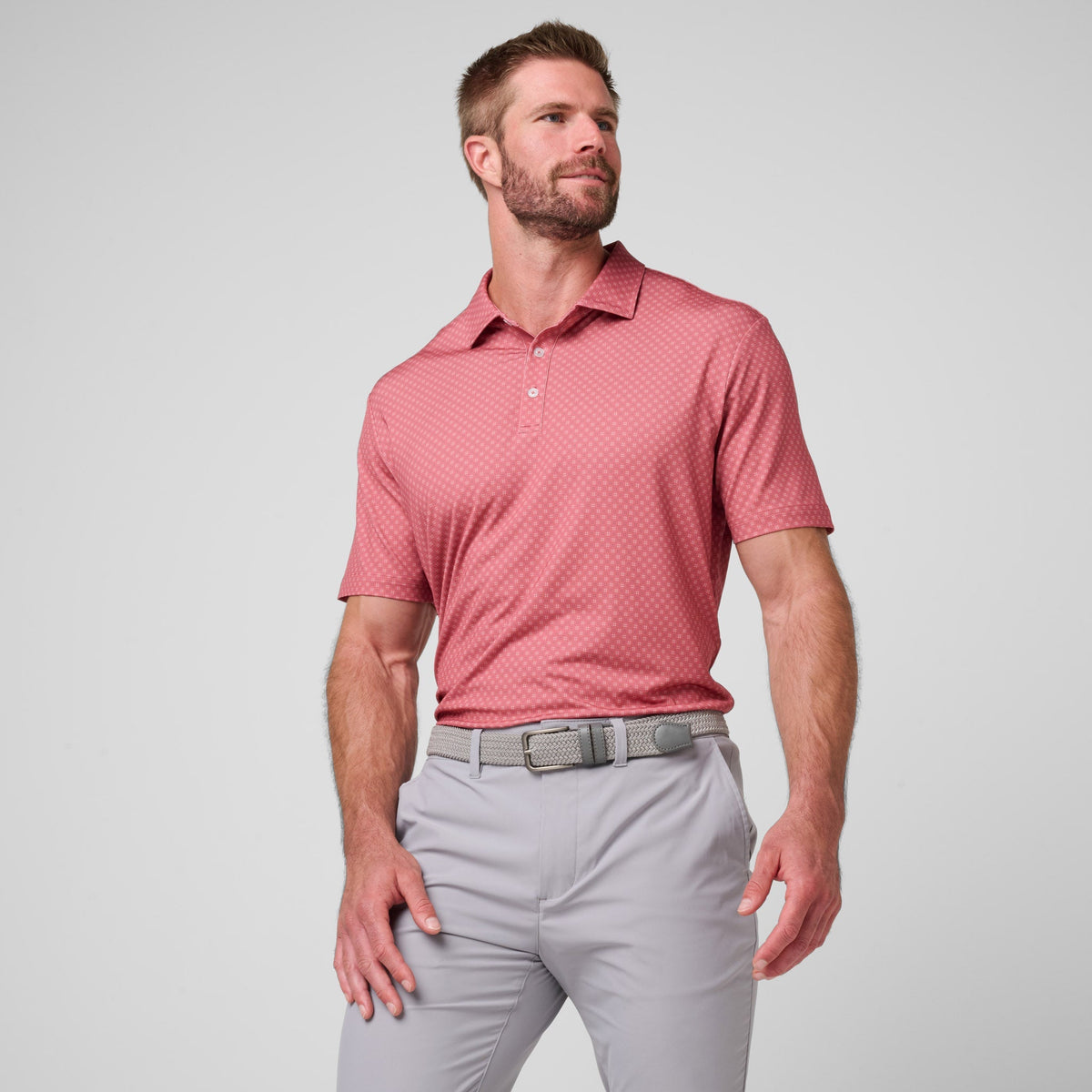 Greatness Wins Athletic Tech Printed Polo in Faded Red Geo, view 2