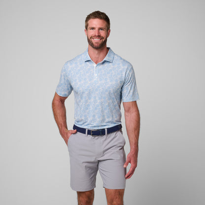Greatness Wins Athletic Tech Printed Polo in White Blue Ditsy