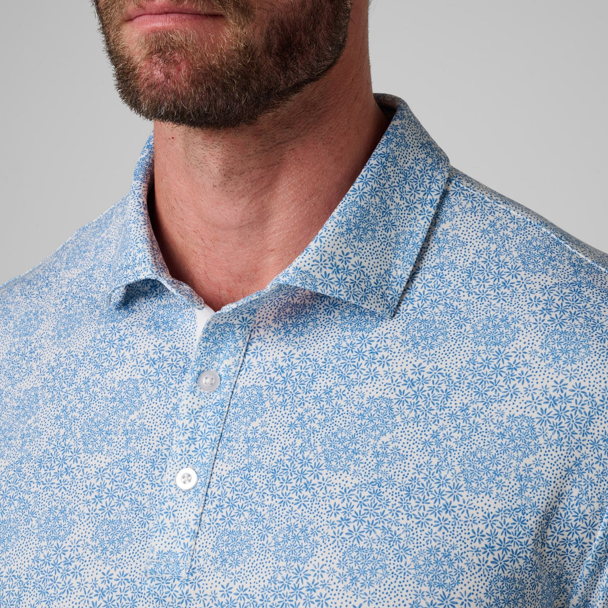 Greatness Wins Athletic Tech Printed Polo in White Blue Ditsy, view 5