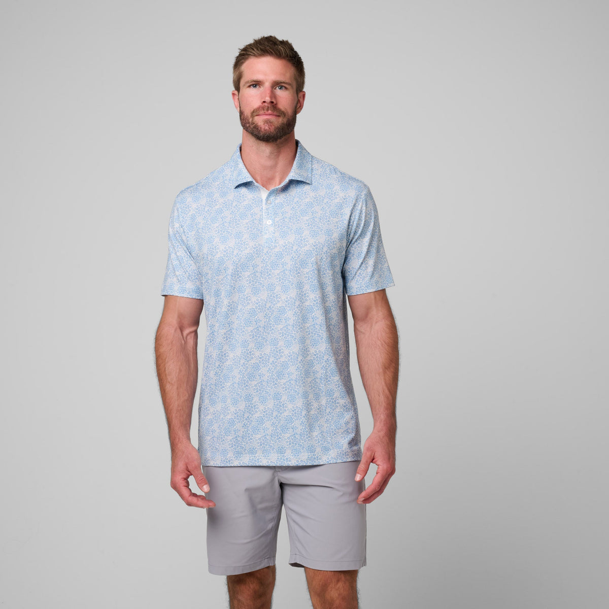 Greatness Wins Athletic Tech Printed Polo in White Blue Ditsy, view 2