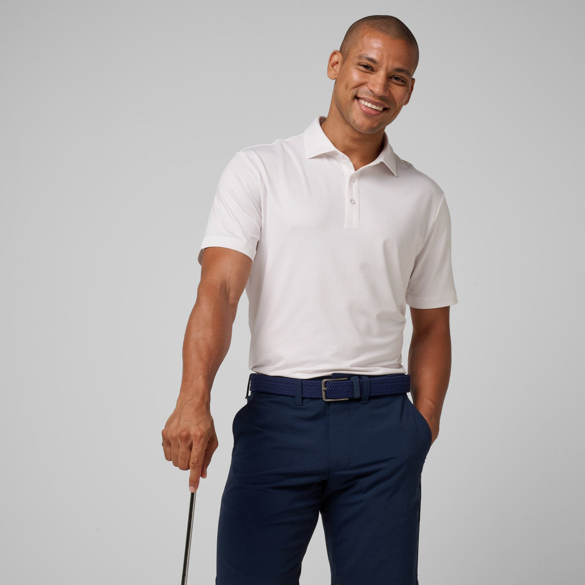 Greatness Wins Athletic Tech Printed Polo in White Geo, view 2