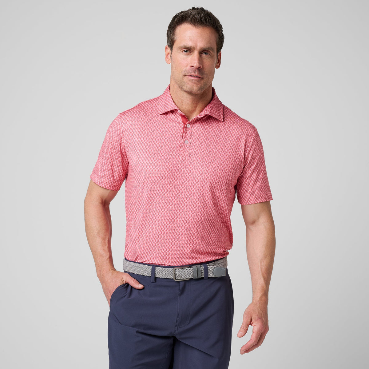 Greatness Wins Athletic Tech Printed Polo in Faded Red Blur, view 3