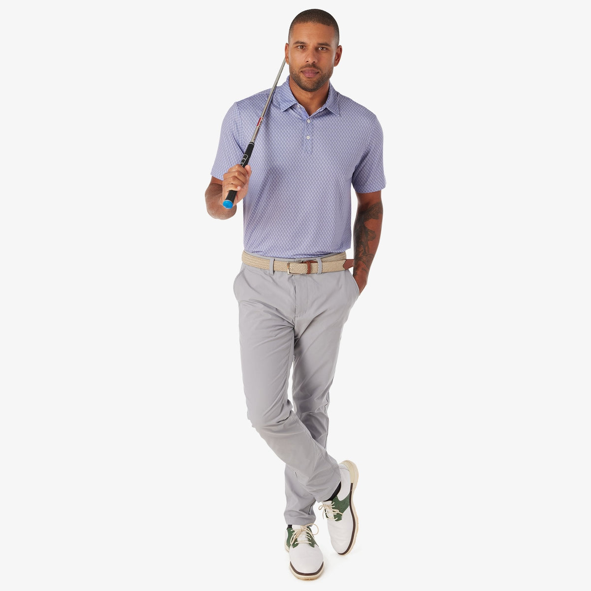 Greatness Wins Athletic Tech Printed Polo in Grape Denim Blur, view 3