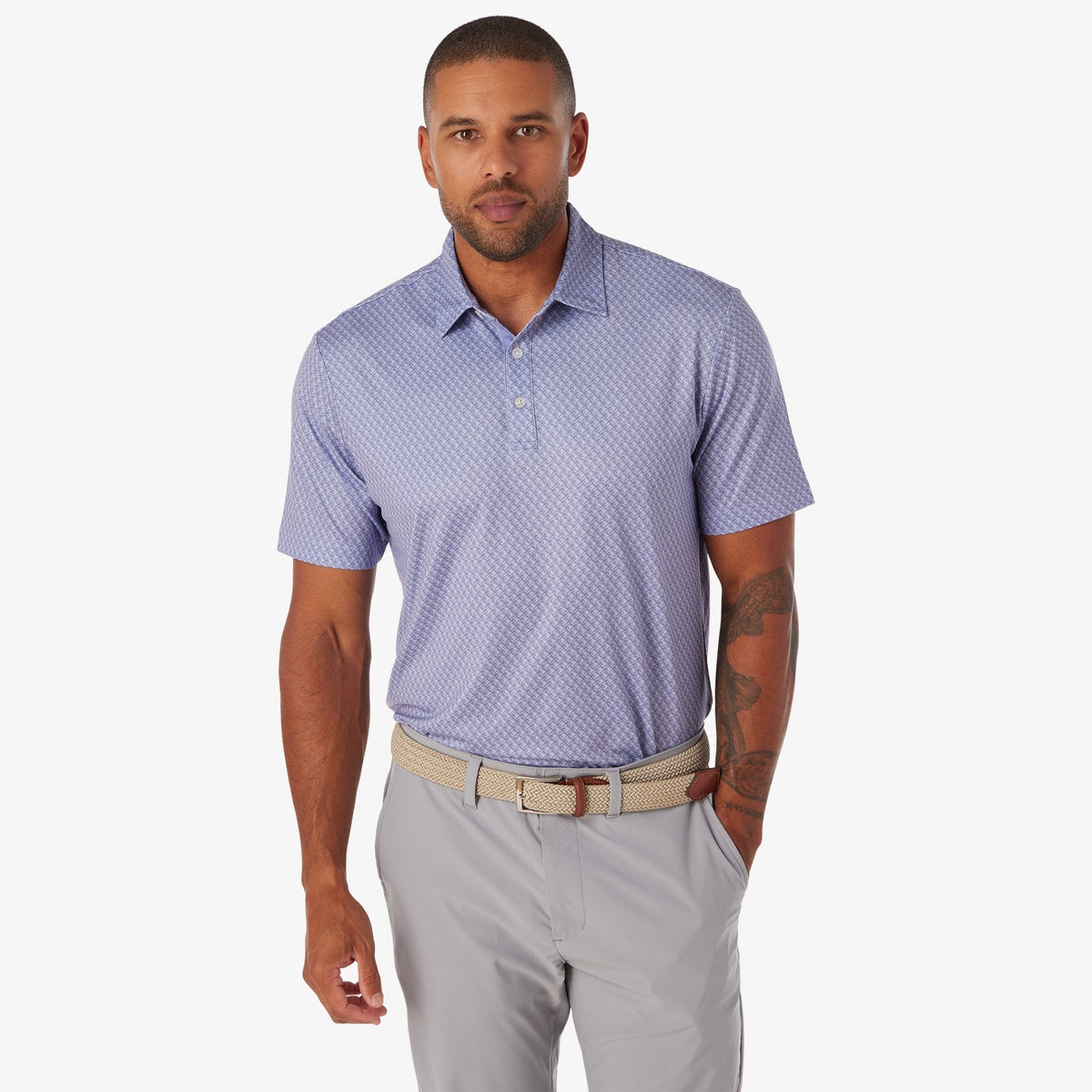 Greatness Wins Athletic Tech Printed Polo in Grape Denim Blur