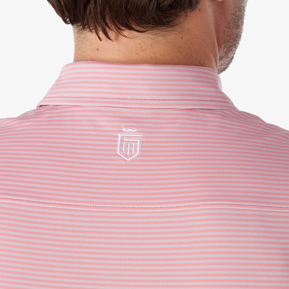 Greatness Wins Athletic Tech Stripe Polo in Iris Pink, view 5