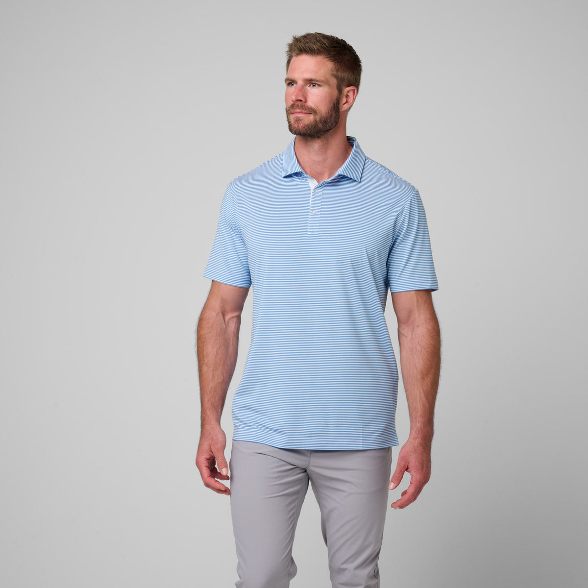 Greatness Wins Athletic Tech Stripe Polo in Baby Blue and Regatta, view 4