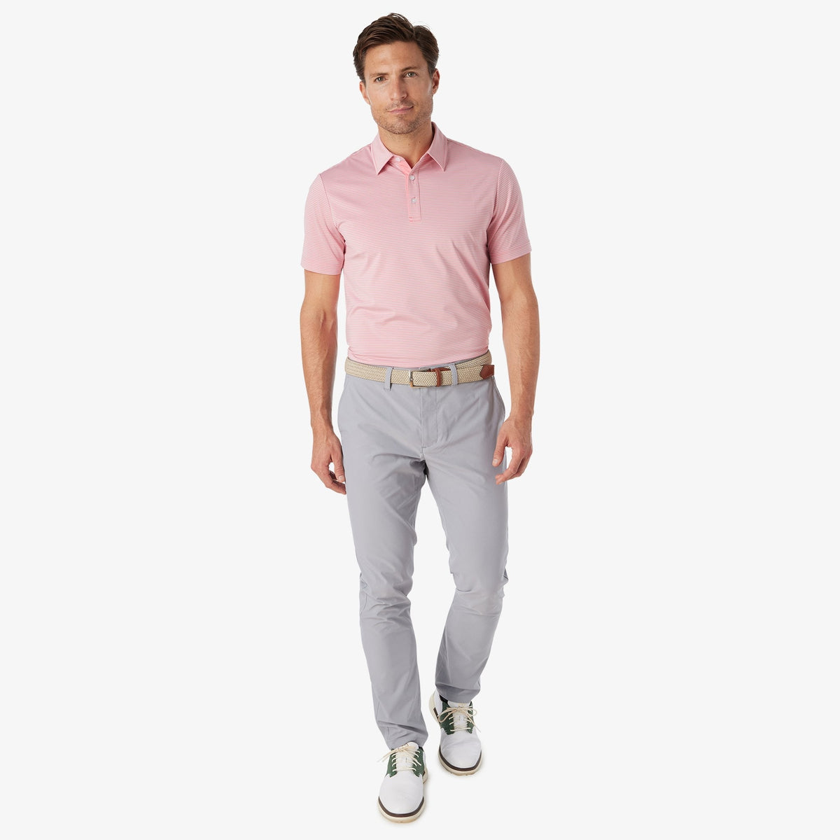 Greatness Wins Athletic Tech Stripe Polo in Iris Pink, view 3