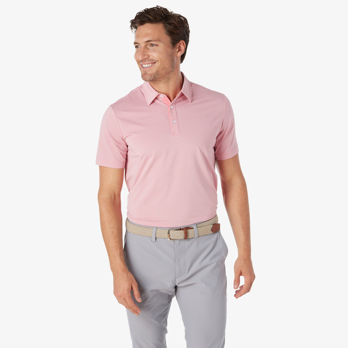 Greatness Wins Athletic Tech Stripe Polo in Iris Pink, view 2