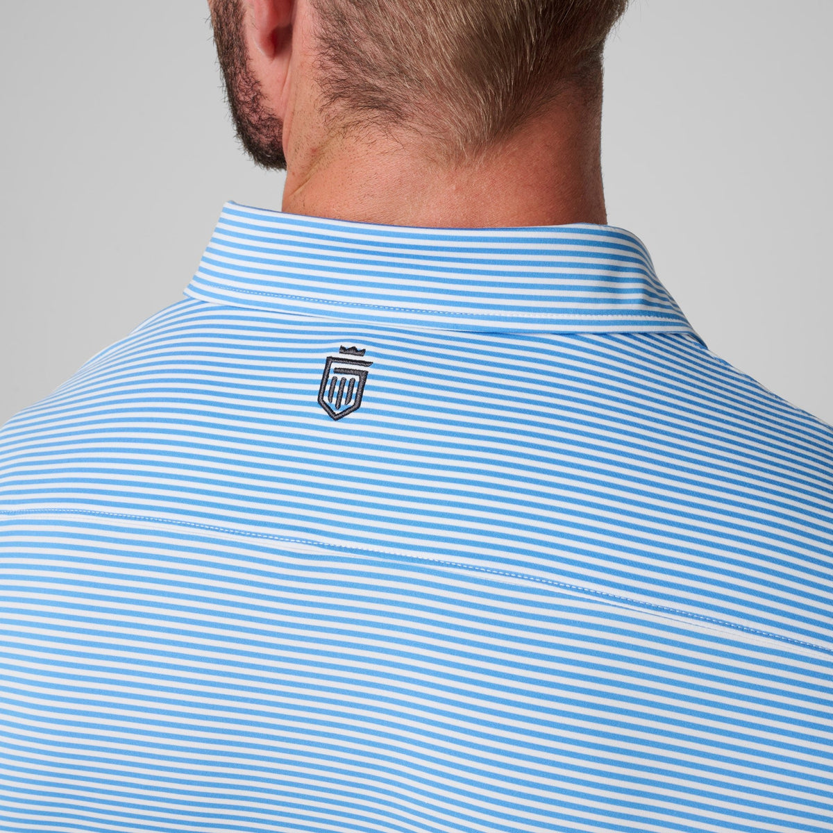 Greatness Wins Athletic Tech Stripe Polo in Baby Blue and Regatta, view 5