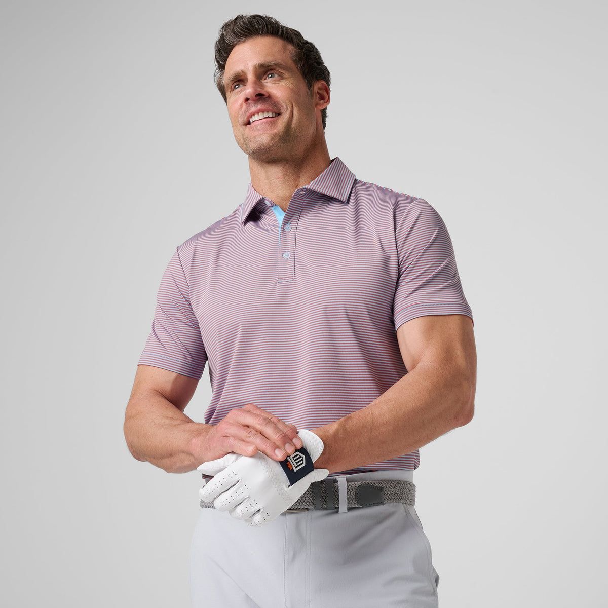 Greatness Wins Athletic Tech Stripe Polo in Faded Red and Carolina Blue, view 4