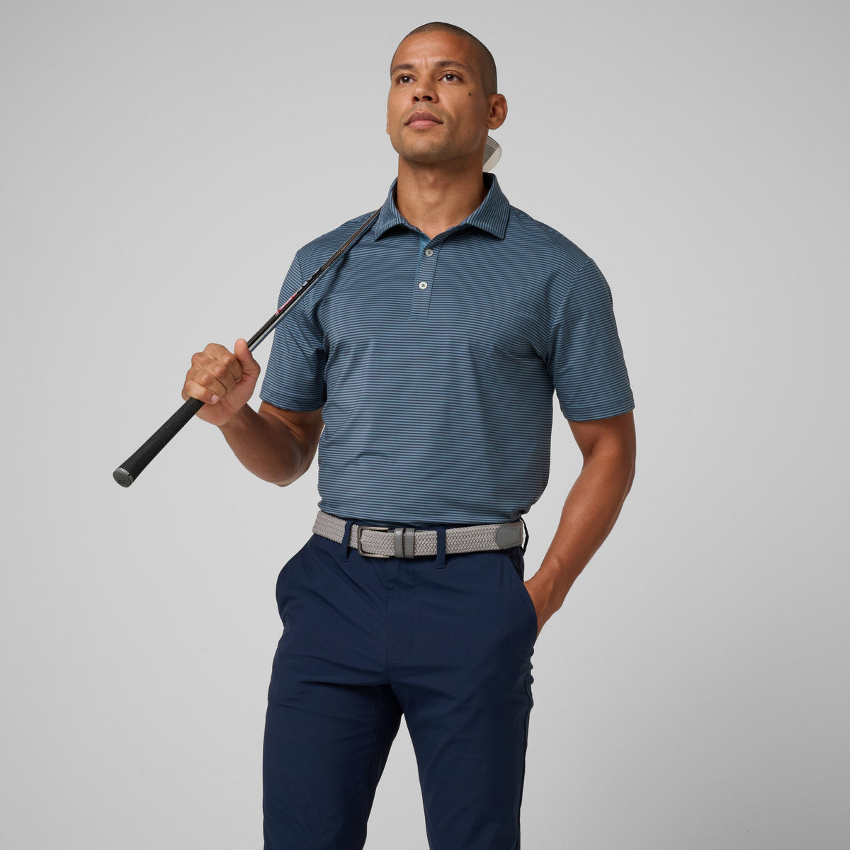Greatness Wins Athletic Tech Stripe Polo in Navy and Storm, view 4