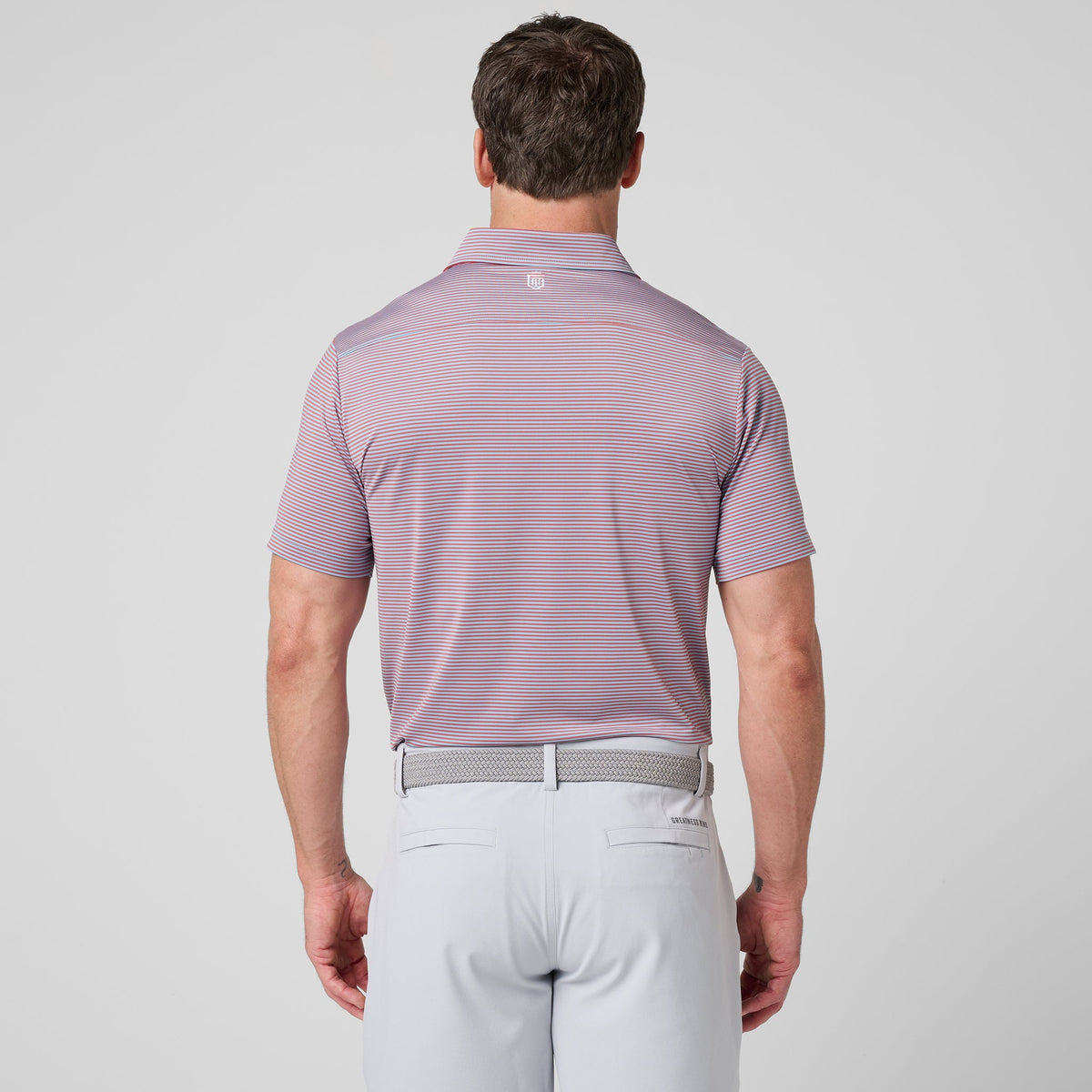 Greatness Wins Athletic Tech Stripe Polo in Faded Red and Carolina Blue, view 5
