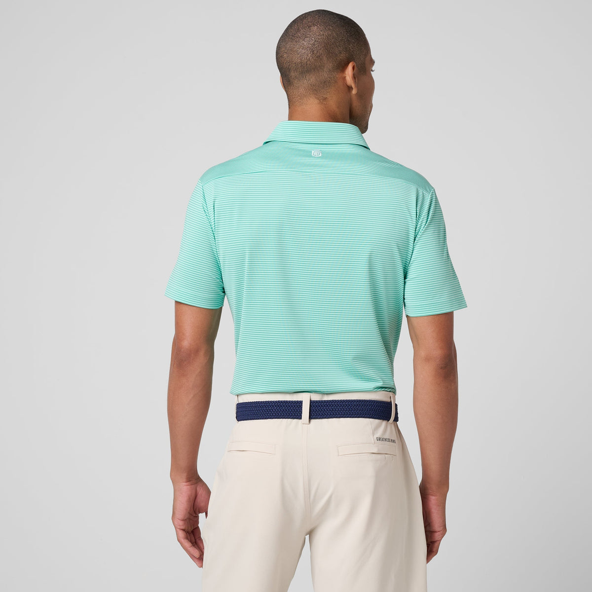 Greatness Wins Athletic Tech Stripe Polo in Mint and Marine Green, view 5