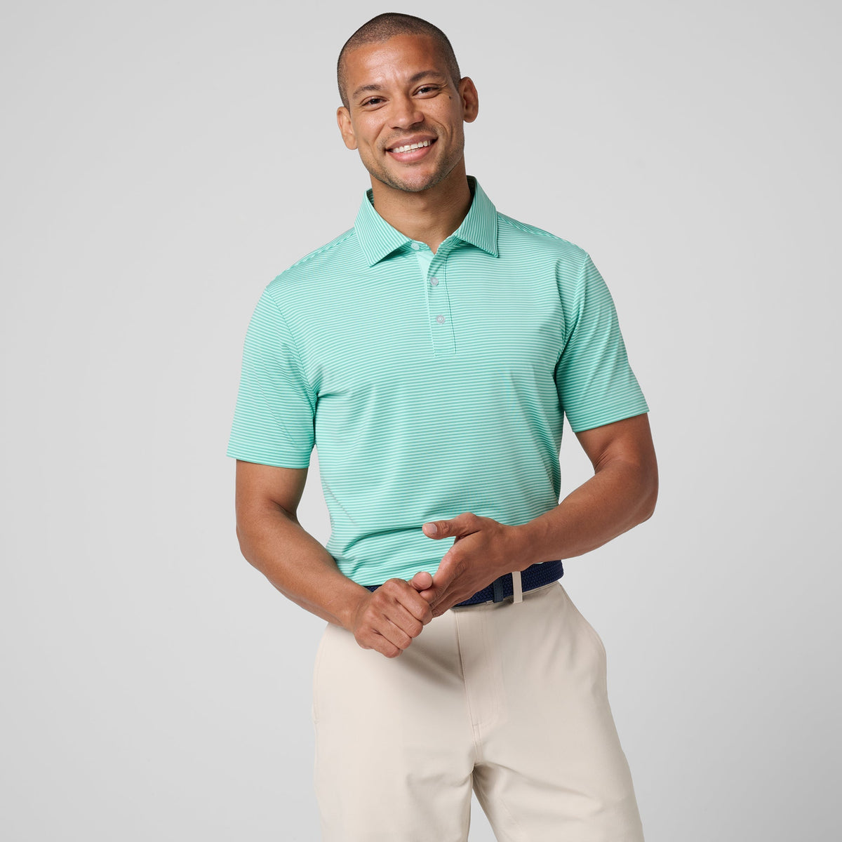 Greatness Wins Athletic Tech Stripe Polo in Mint and Marine Green, view 4