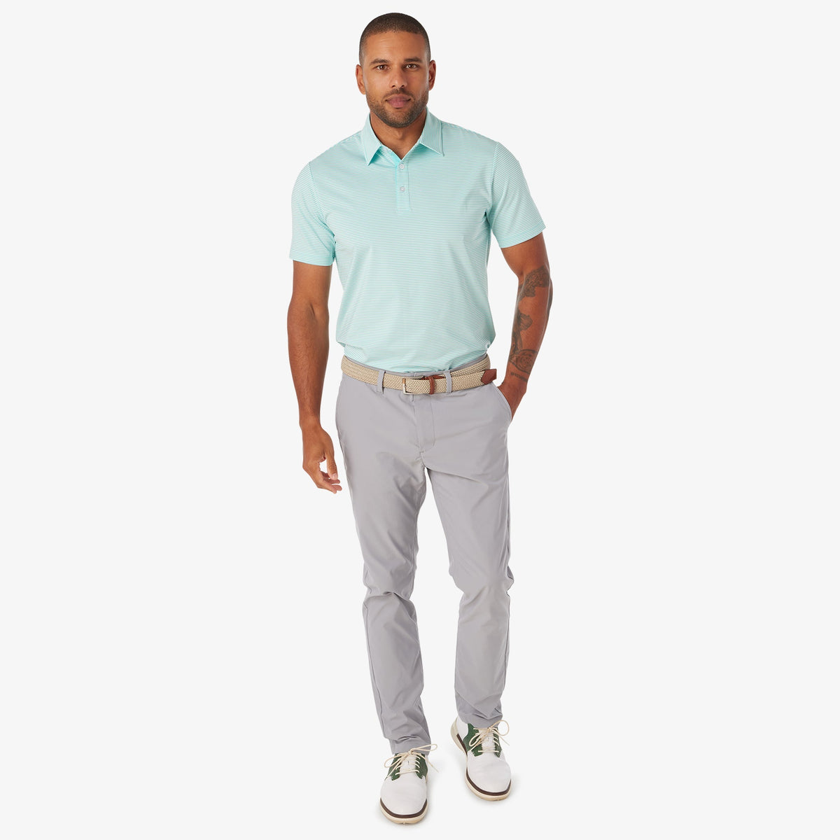 Greatness Wins Athletic Tech Stripe Polo in Blue Turq, view 5