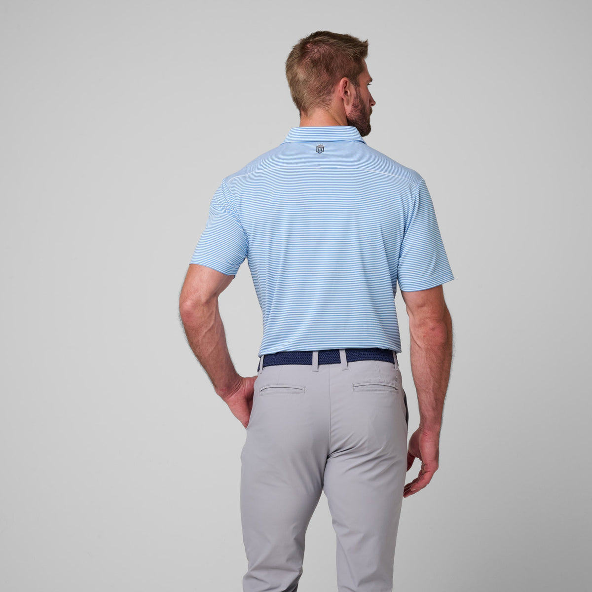 Greatness Wins Athletic Tech Stripe Polo in Baby Blue and Regatta, view 3