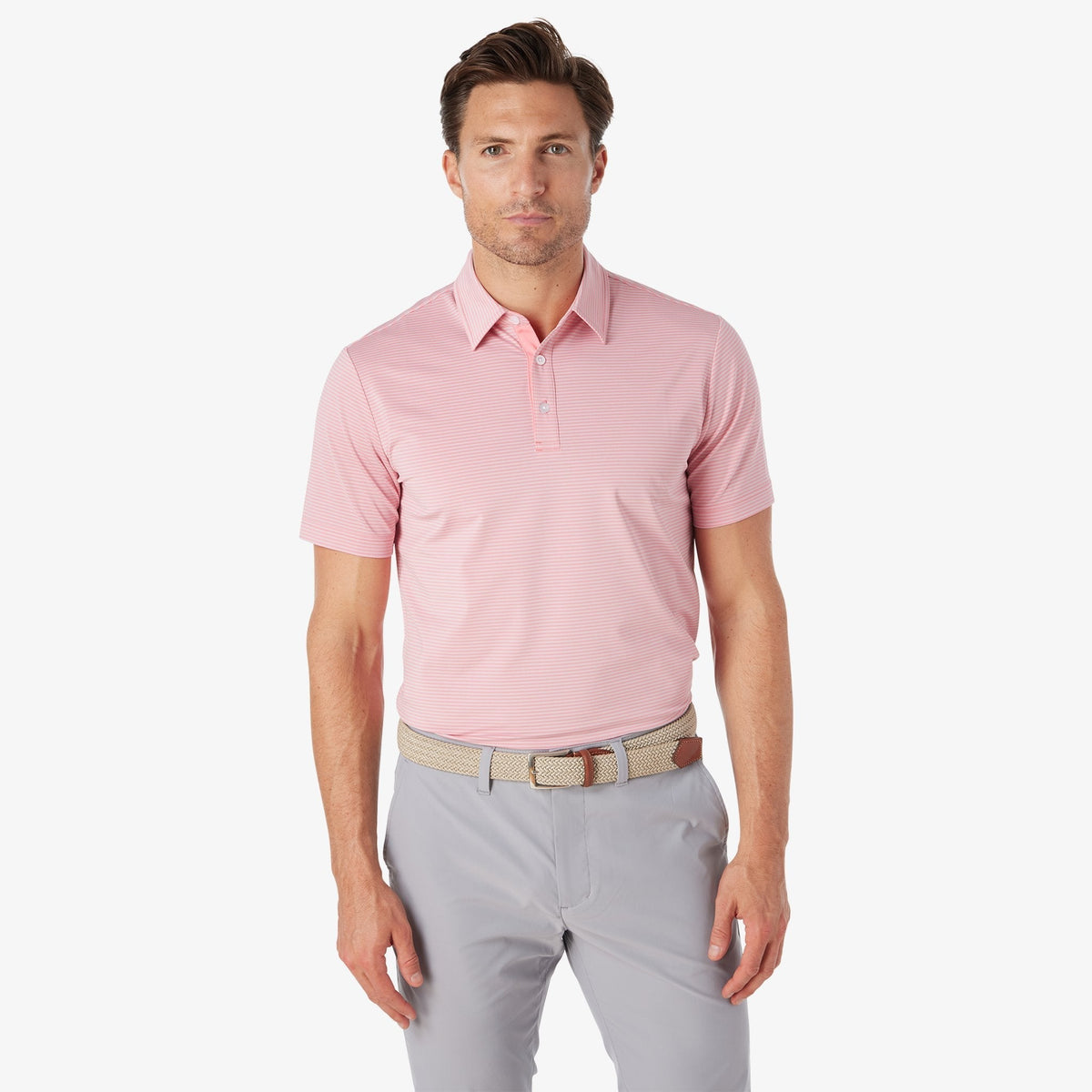 Greatness Wins Athletic Tech Stripe Polo in Iris Pink