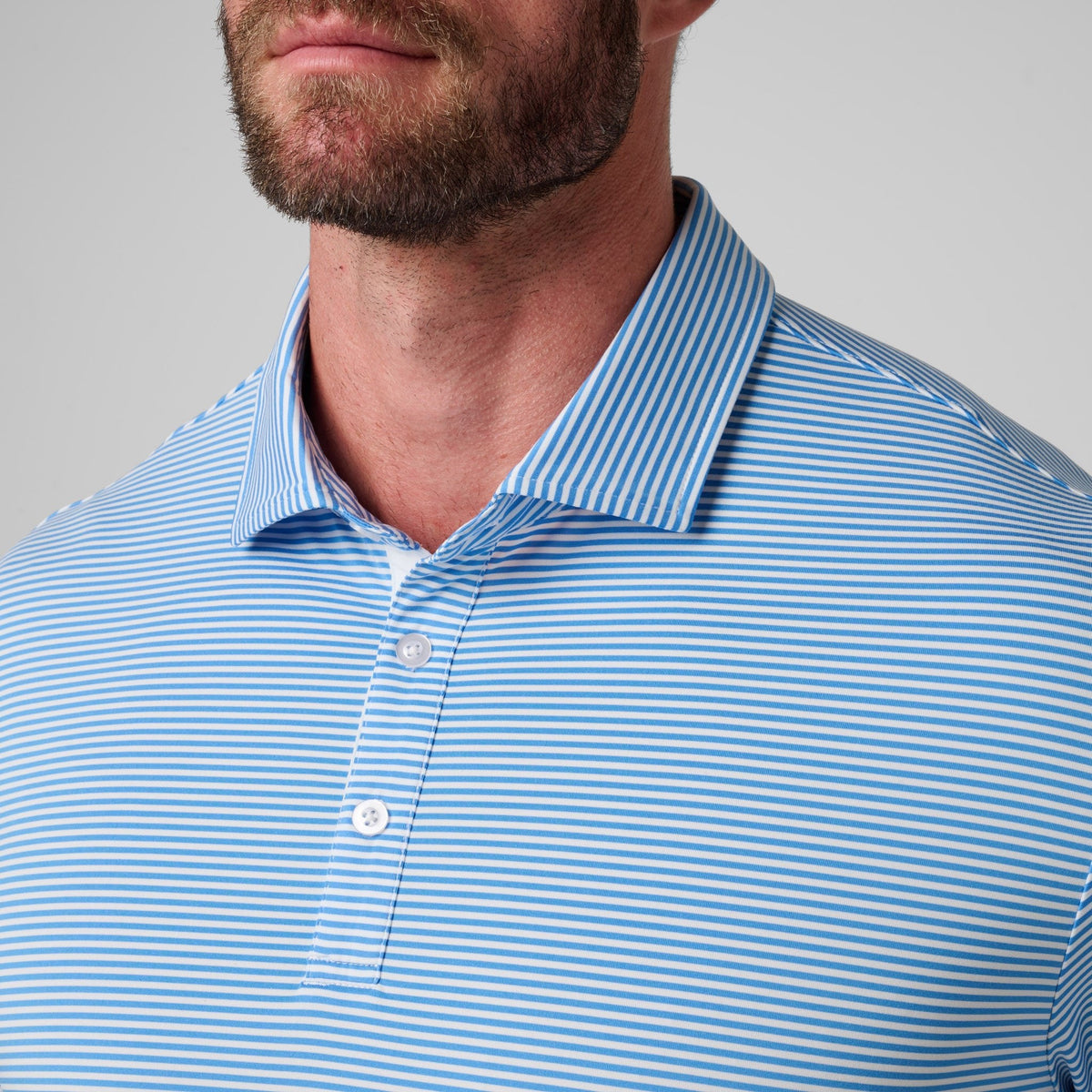 Greatness Wins Athletic Tech Stripe Polo in Baby Blue and Regatta, view 6