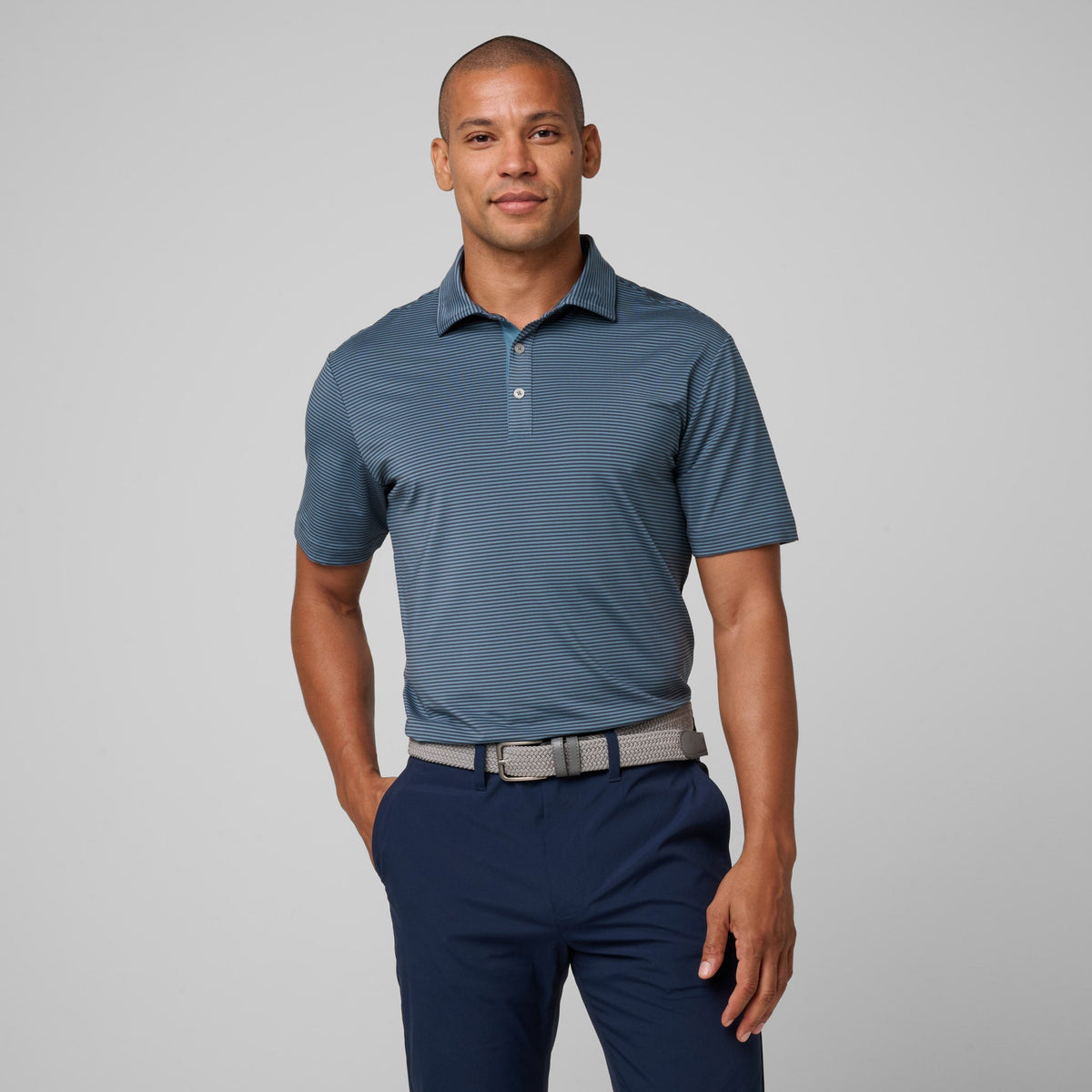 Greatness Wins Athletic Tech Stripe Polo in Storm Blue and Blue Atoll, view 4