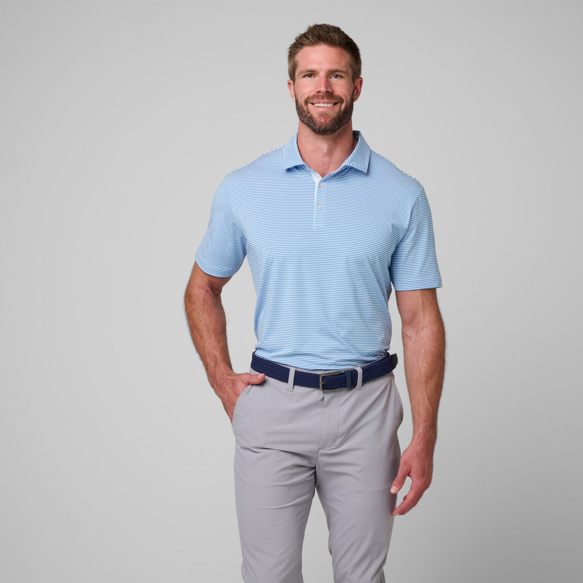 Greatness Wins Athletic Tech Stripe Polo in Baby Blue and Regatta