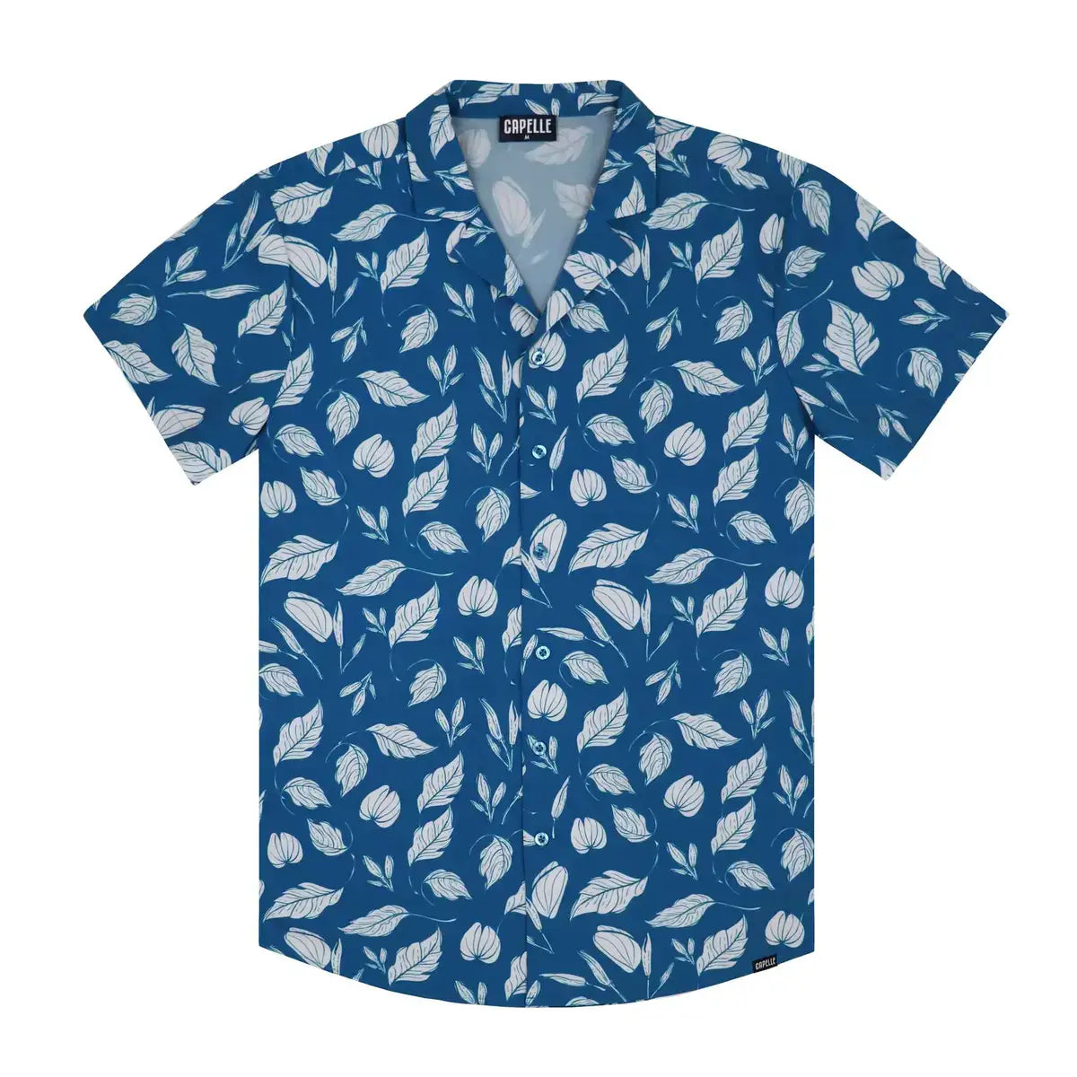 Autumn Blue men's resort shirt, teal blue with a white leaf print, short sleeve camp collar button down, front view