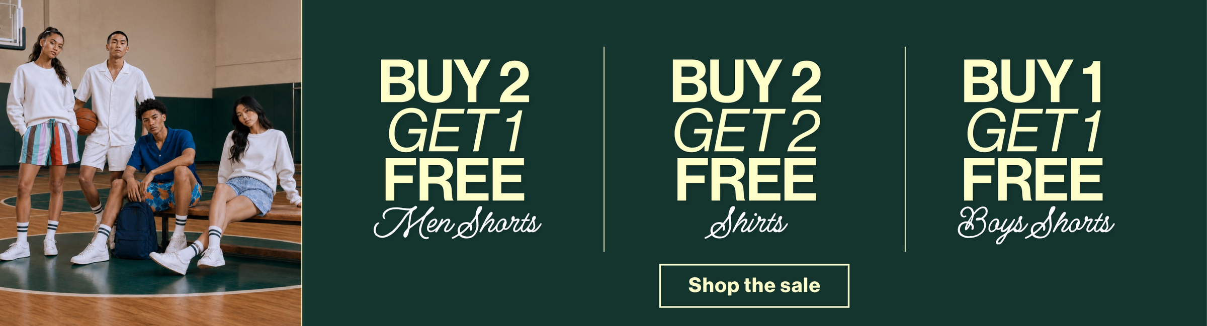 Promotional banner with a group of young athletes on the left and three text panels on the right advertising buy 2 get 1 free deals for men's shorts, boys' shorts, and shirts.