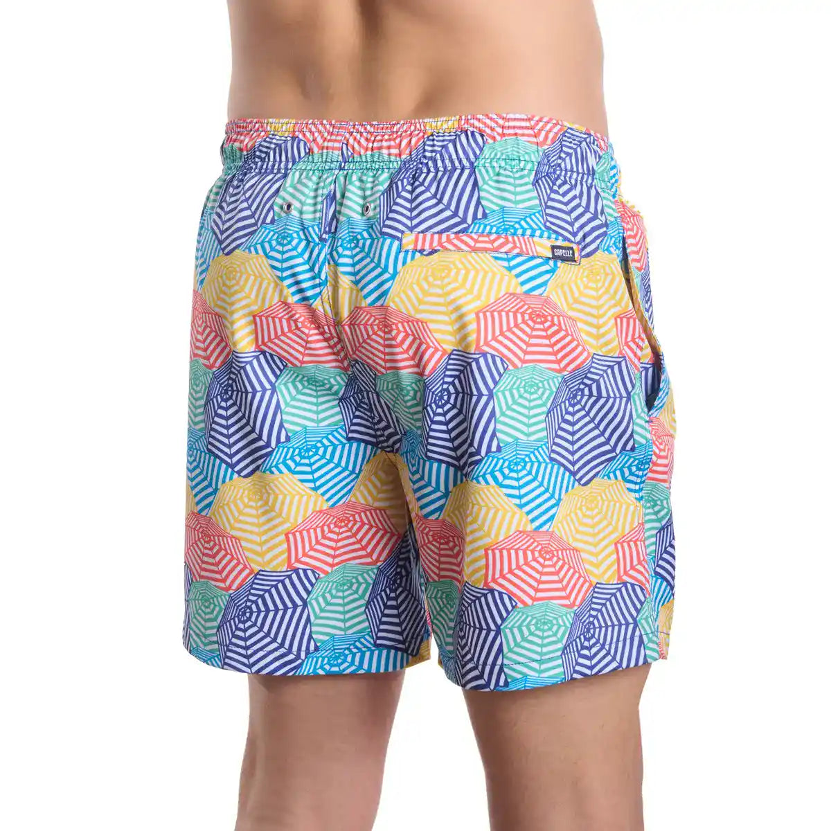 Bayside Shade, Splash men's hybrid swim short in a multicolor beach umbrella print, back view