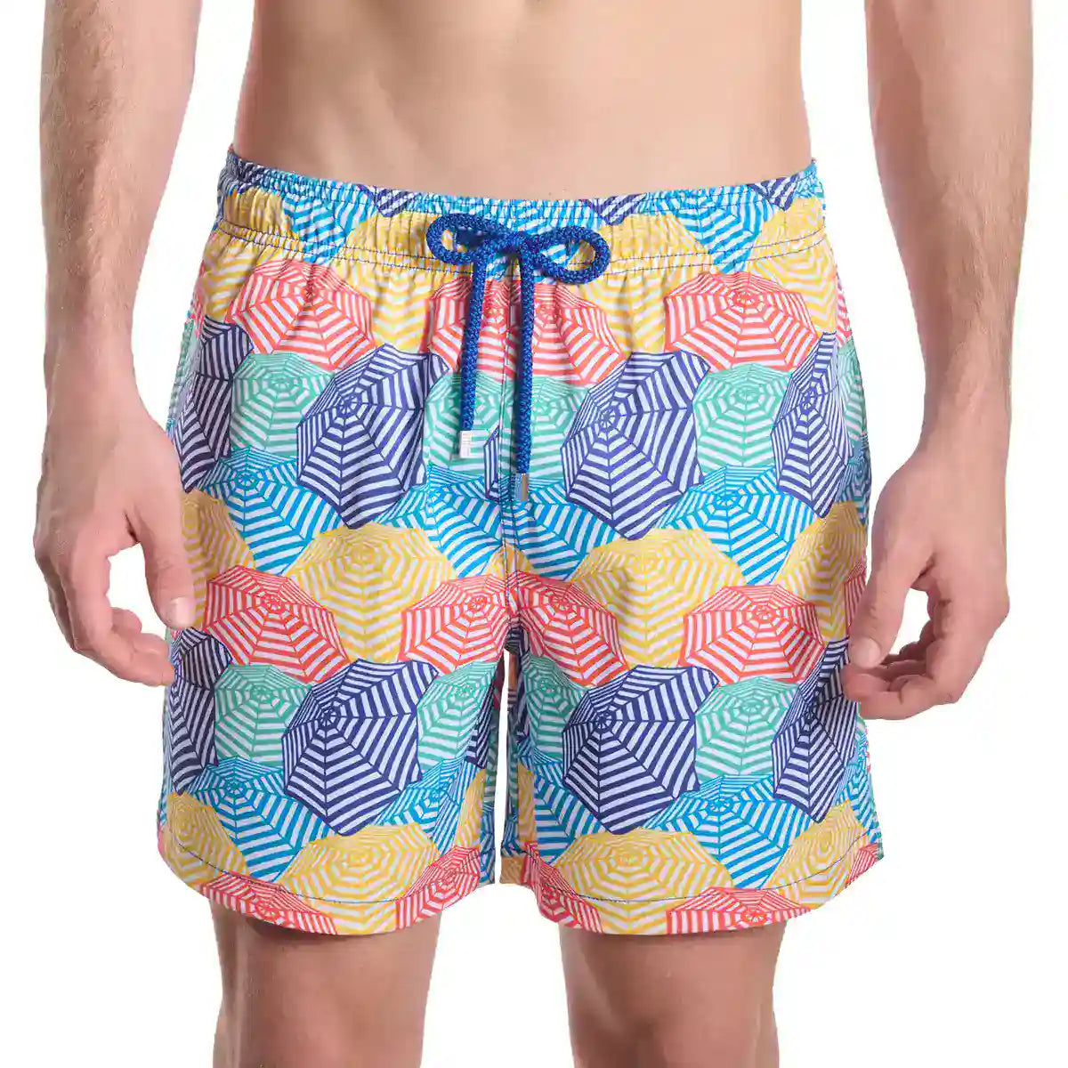 Bayside Shade, Splash men's hybrid swim short in a multicolor beach umbrella print, front view, second angle