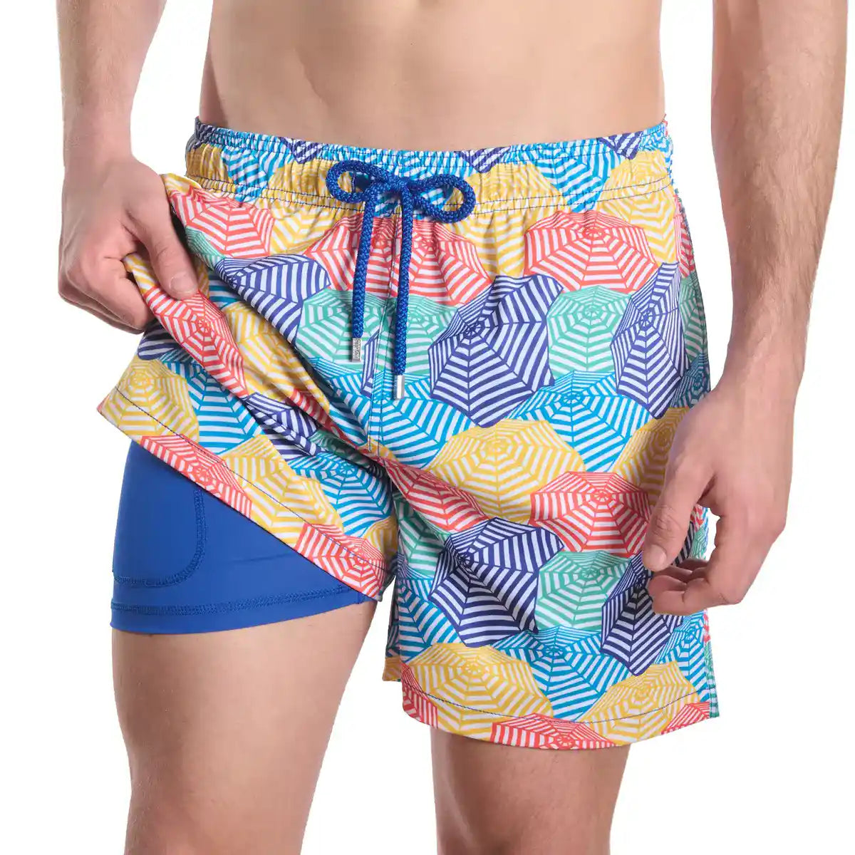 Bayside Shade, Splash men's hybrid swim short, a multicolor beach umbrella print in coral, yellow, navy and aqua with a blue drawstring, front view showing the blue compression liner