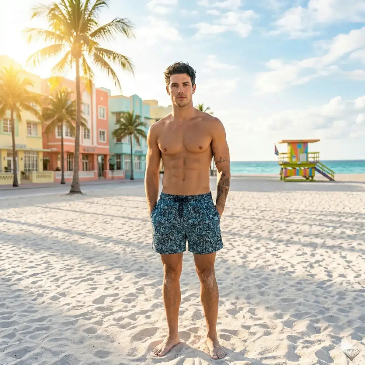 Man in Beta Blue hybrid swim shorts, navy with an aqua and white tropical leaf print