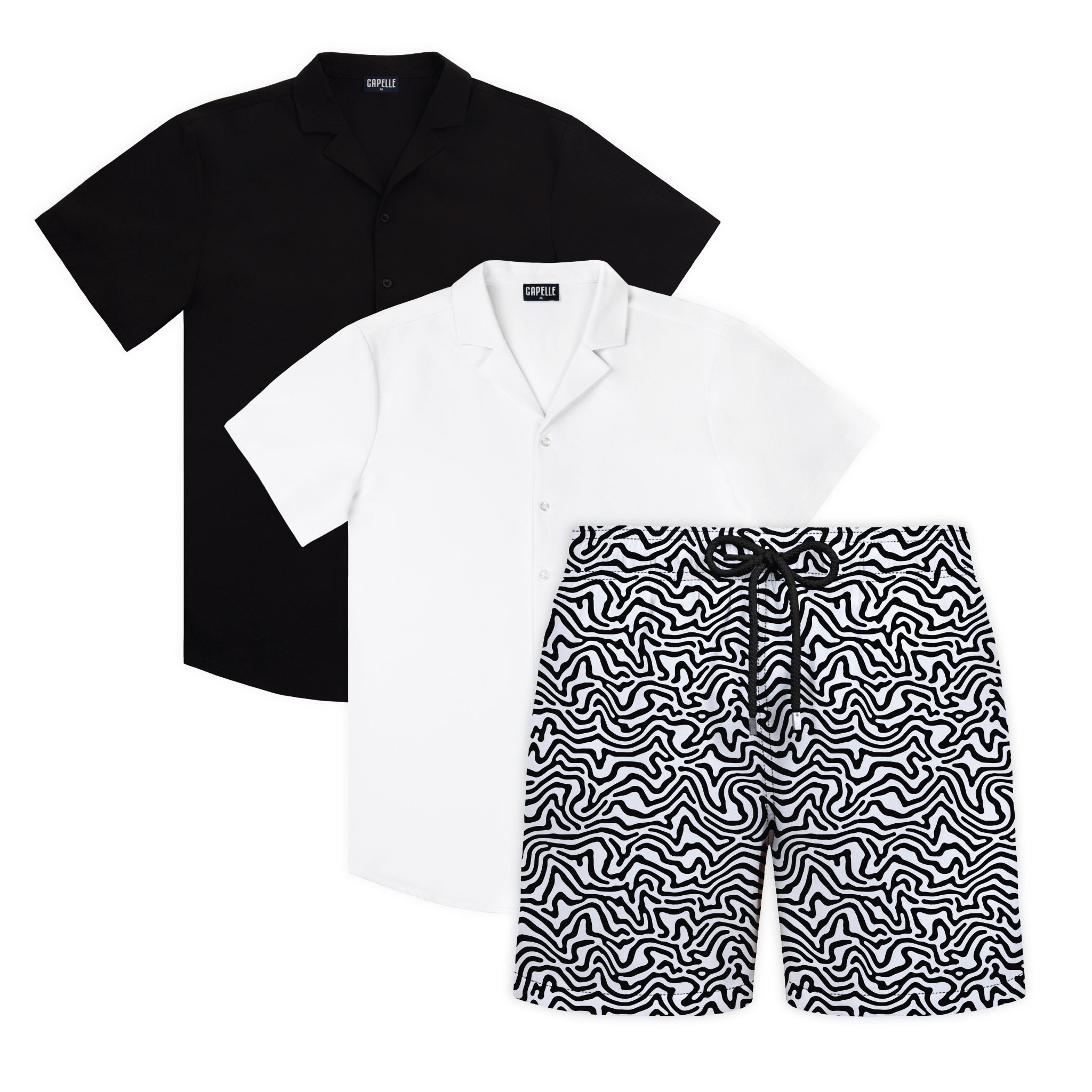 Storm Surge weekender set, Arctic White and Black Onyx shirts with Deco Maze Surf and Storm hybrid swim shorts