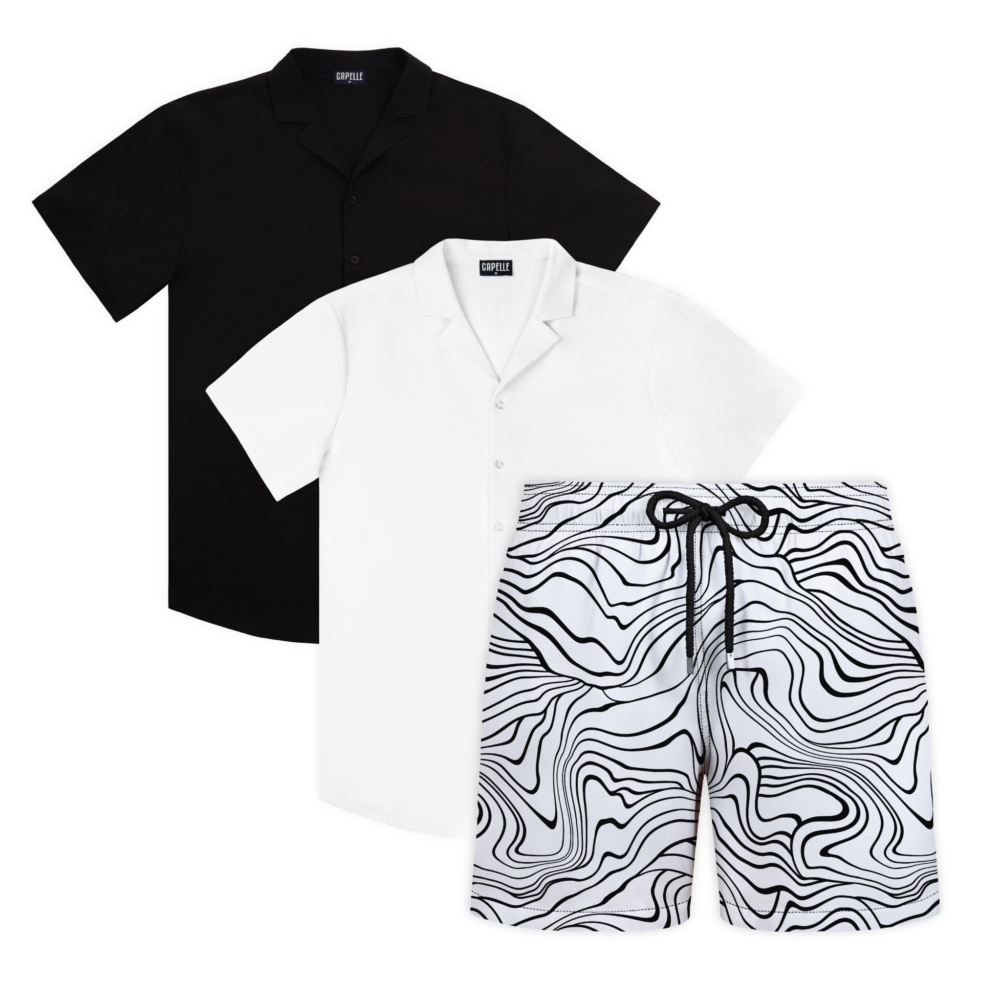 Shadow Break weekender set, Arctic White and Black Onyx shirts with Sand Waves Surf and Storm hybrid swim shorts