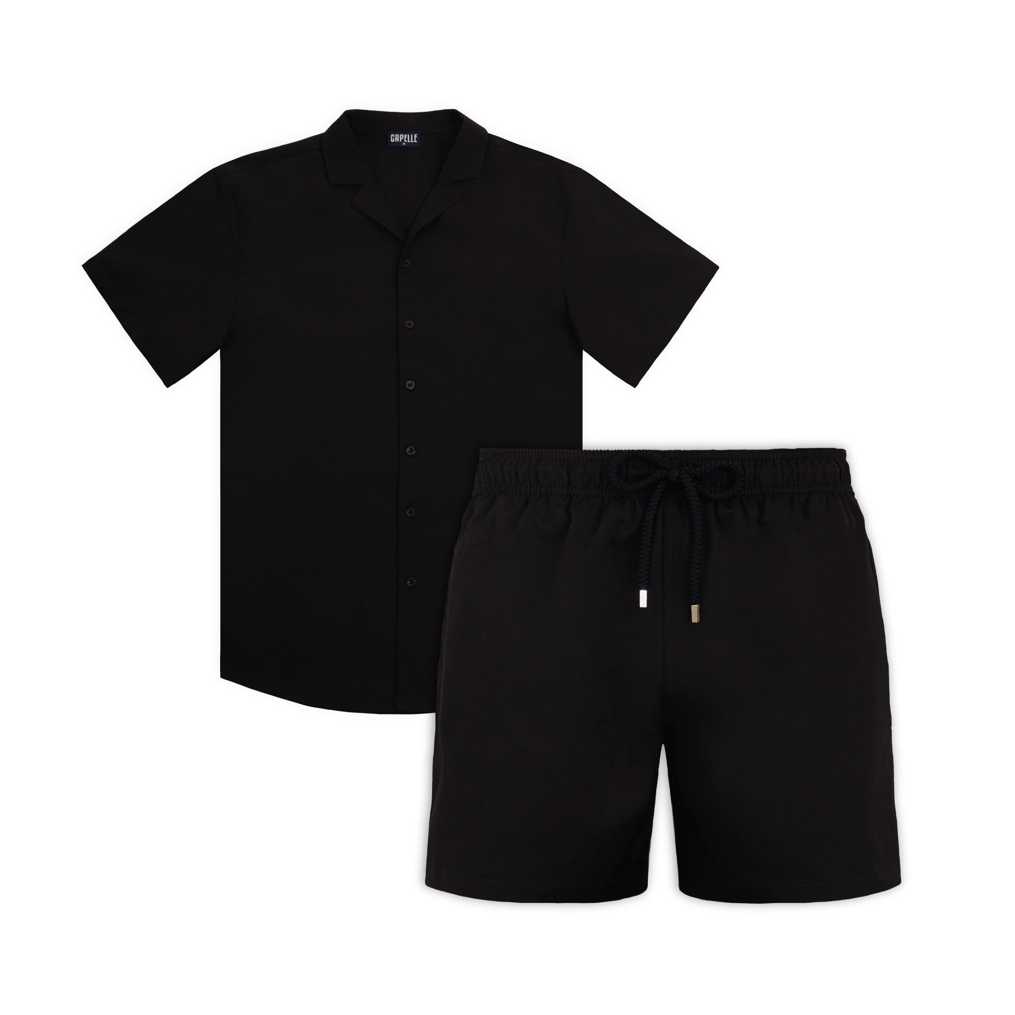 Black Onyx matching resort set, black shirt and black hybrid swim short shown together