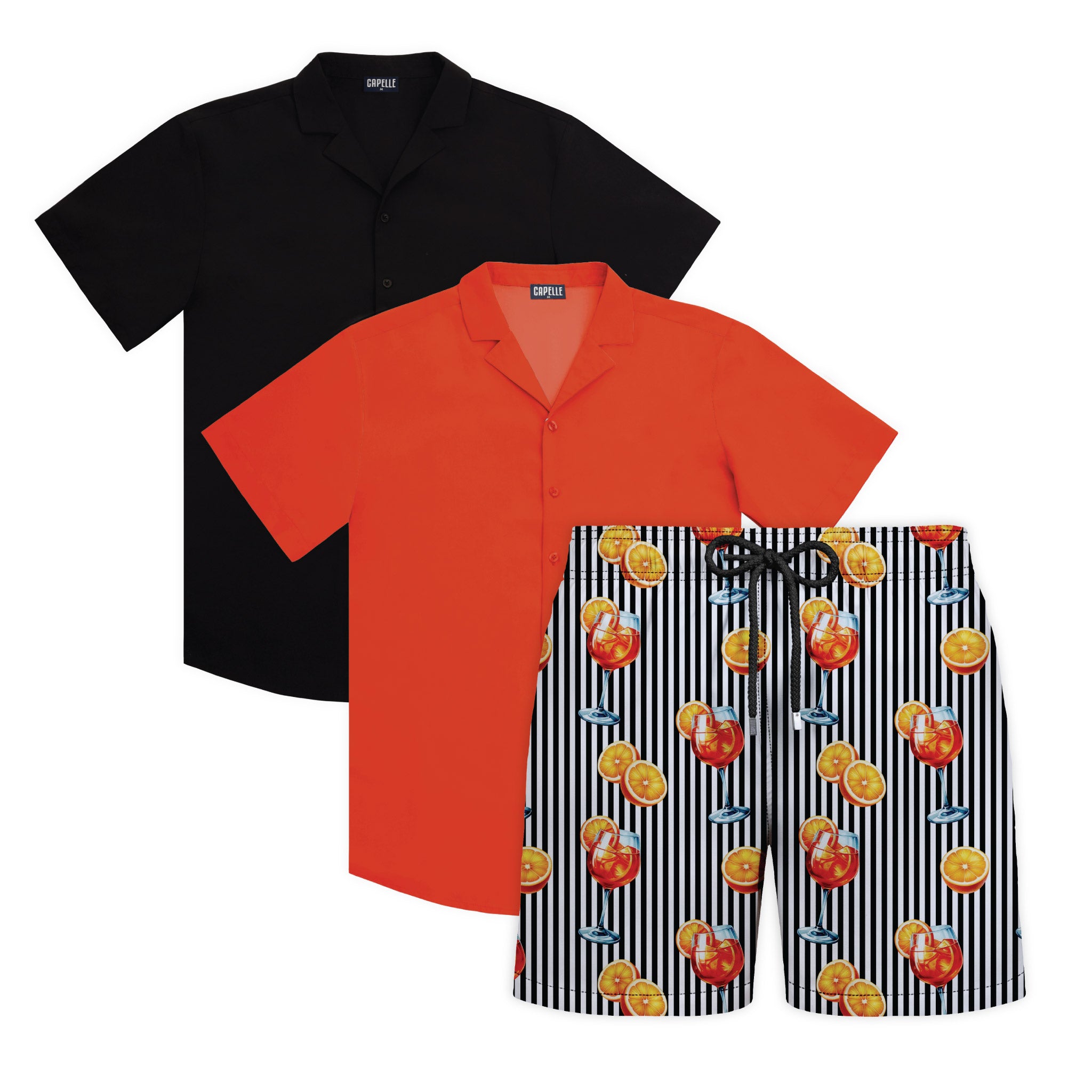 Ember Tide weekender set, Coral and Black Onyx shirts with Sunset Spritz Surf and Storm hybrid swim shorts