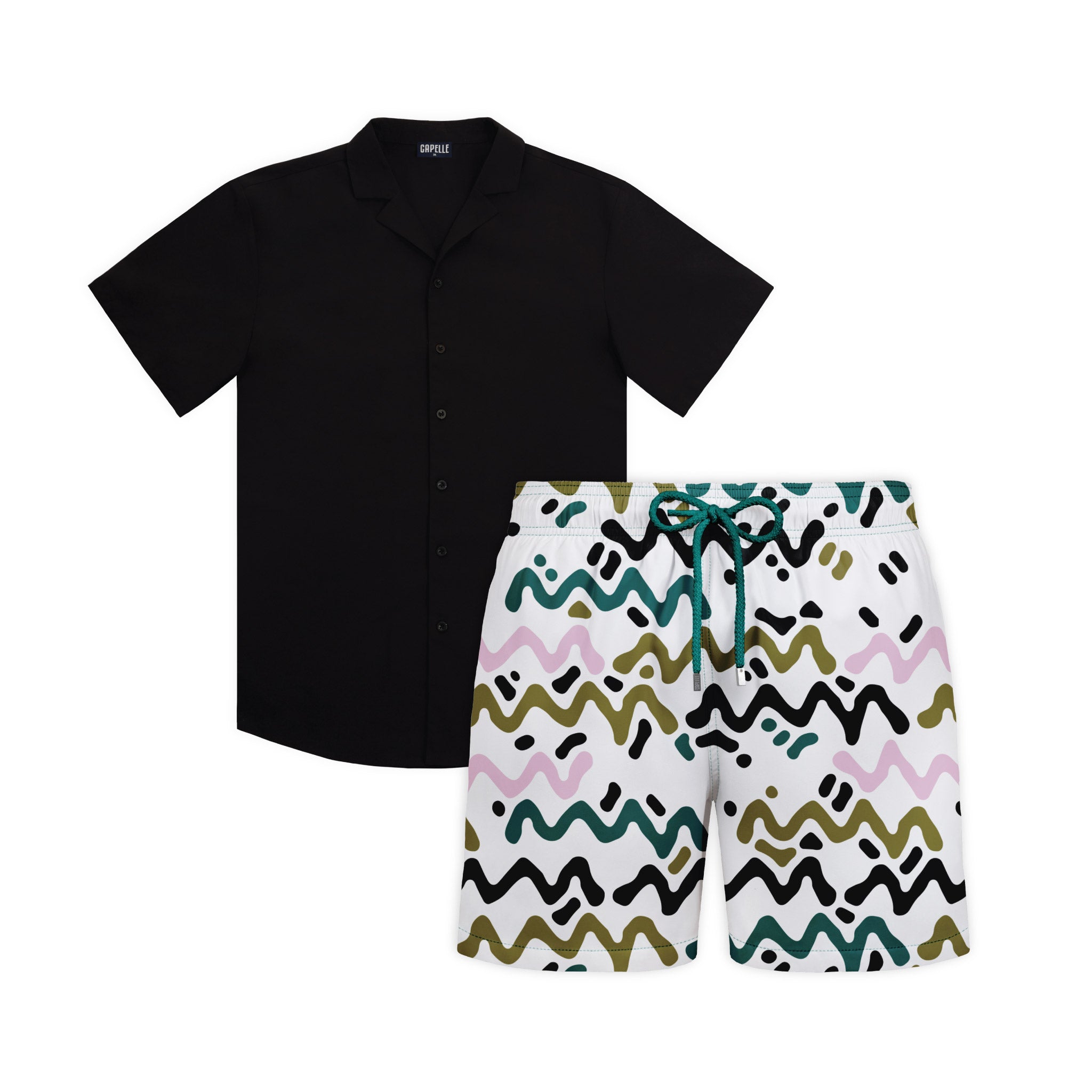 Orchid Night resort set, Black Onyx shirt with Tropical Swirl Coral and Orchid hybrid swim shorts