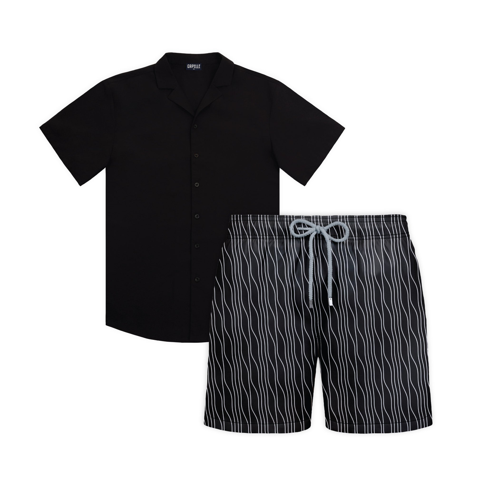 Dark Drift resort set, Black Onyx shirt with Linear Drift Storm and Fog hybrid swim shorts