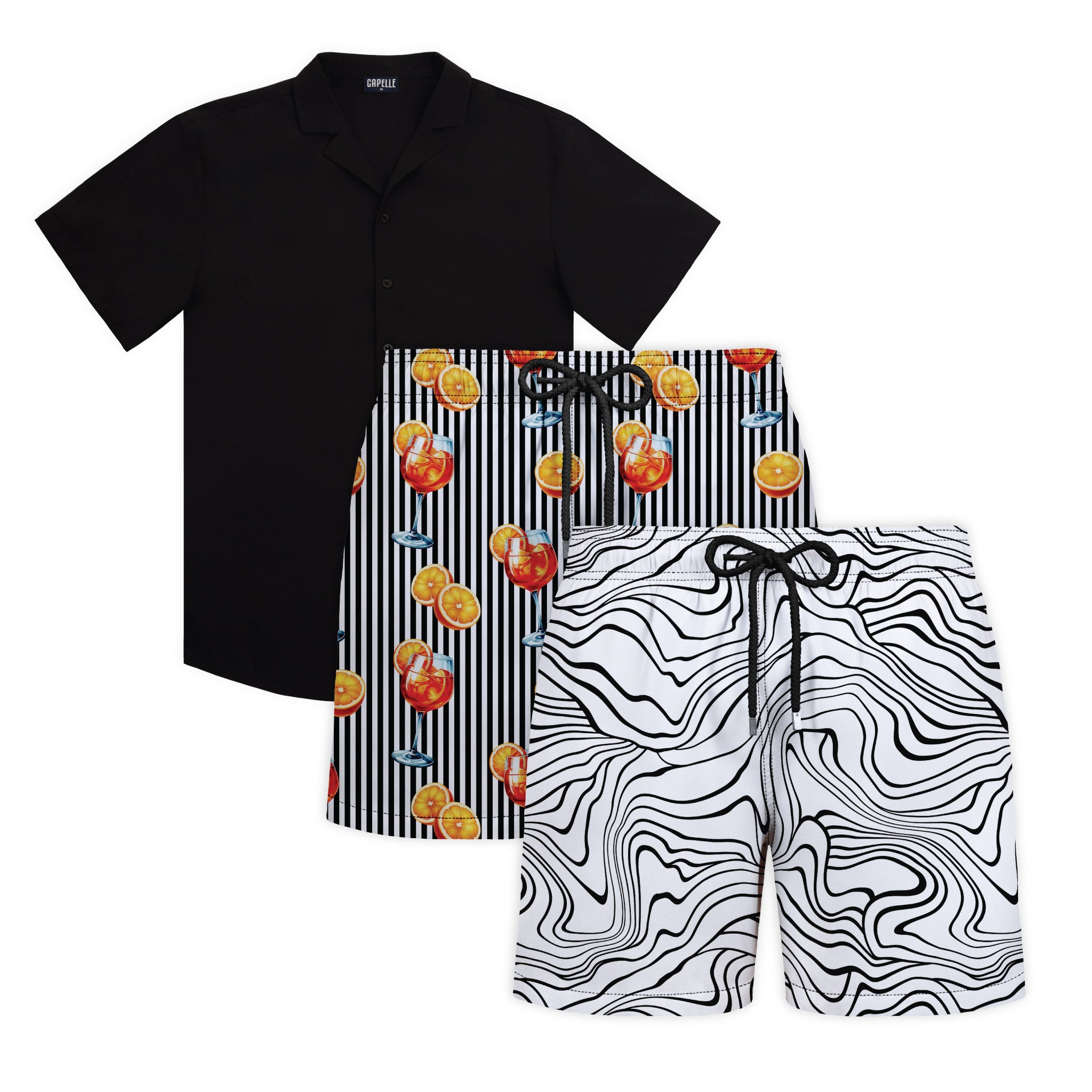 Midnight Surf beach week set, Black Onyx shirt with Sand Waves and Sunset Spritz Surf and Storm hybrid swim shorts