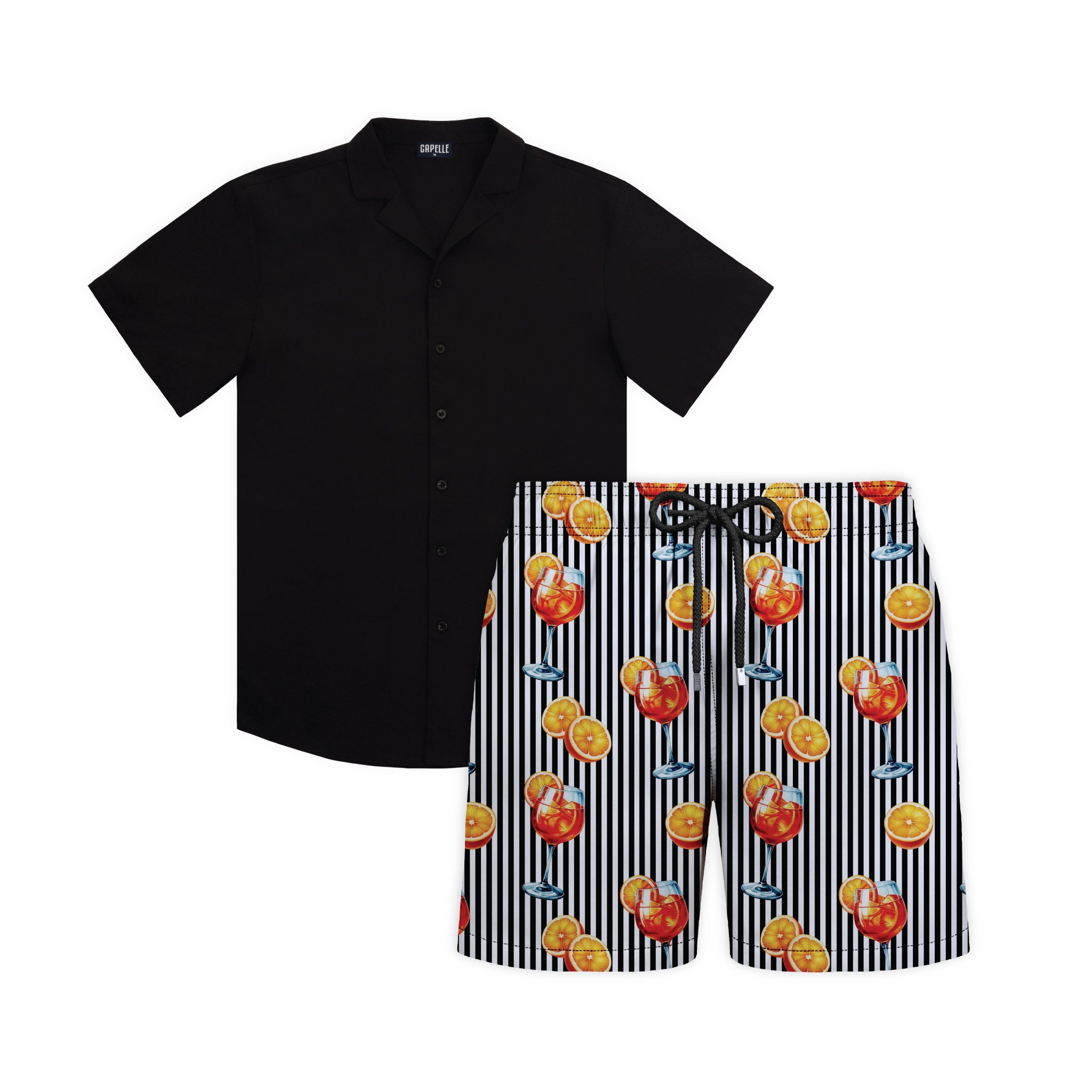Spritz Night resort set, Black Onyx shirt with Sunset Spritz Surf and Storm hybrid swim shorts