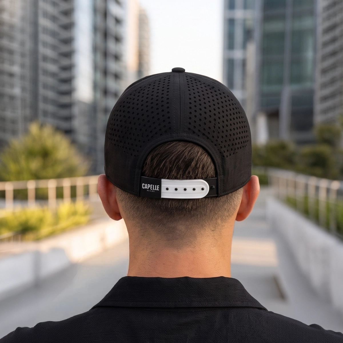 Black Onyx Laser Luxe Performance Snapback Hat from behind, black snapback strap, Capelle Miami
