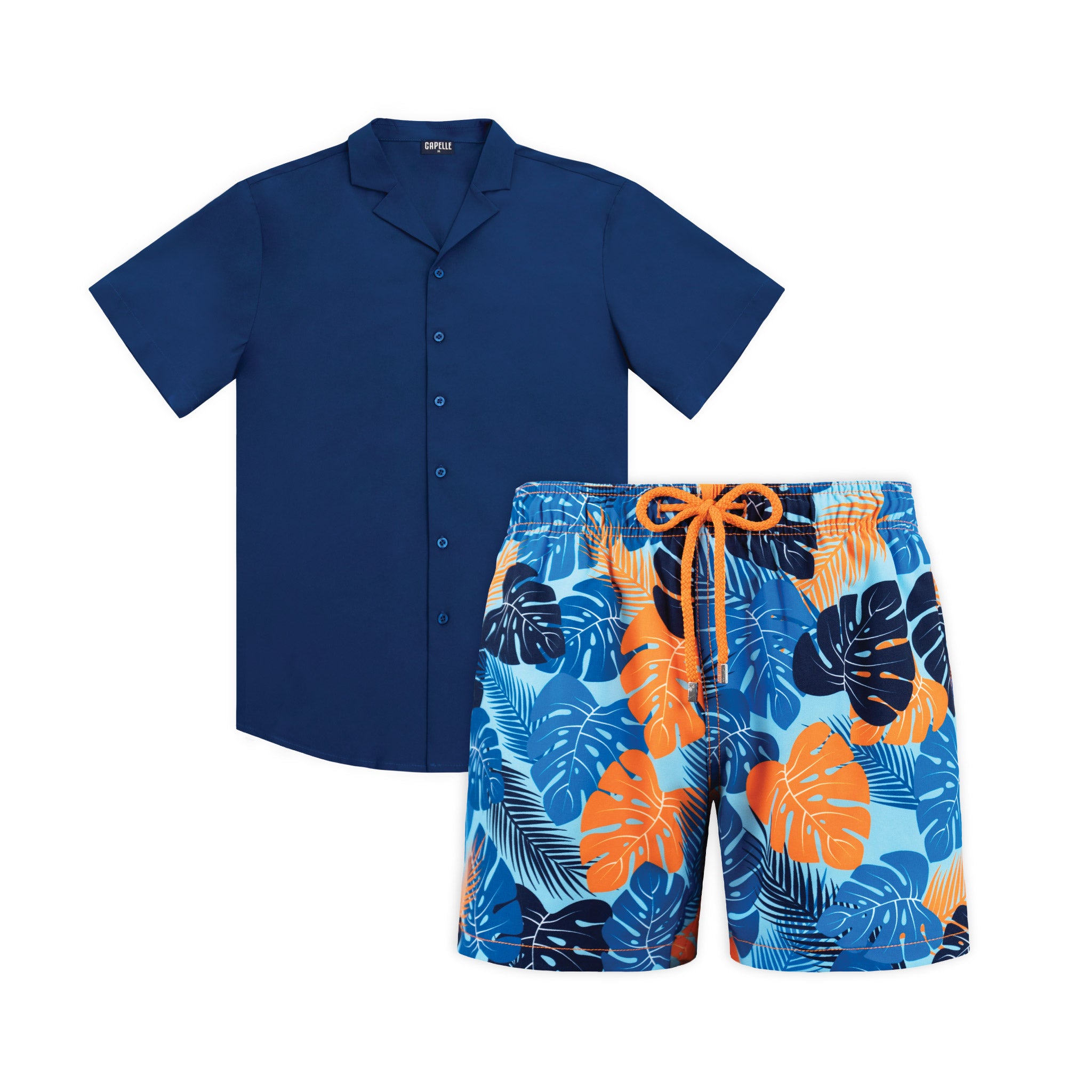 Sapphire Jungle resort set, Blue Sapphire shirt with Blue Jungle hybrid swim shorts