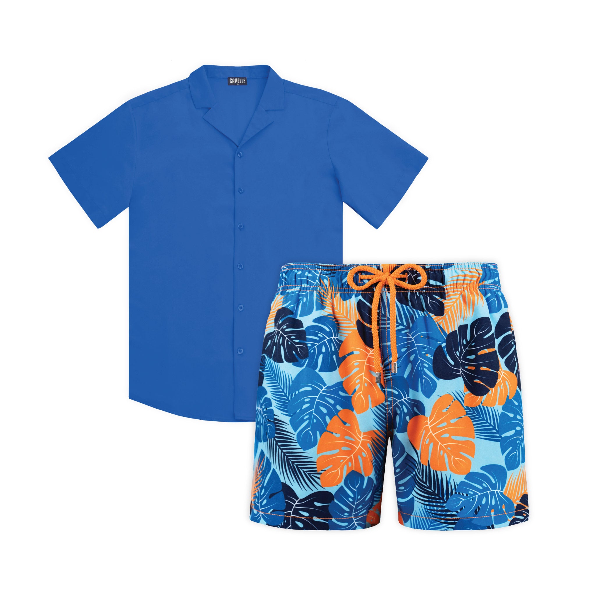 Jungle Cove resort set, Ocean Blue shirt with Blue Jungle hybrid swim shorts